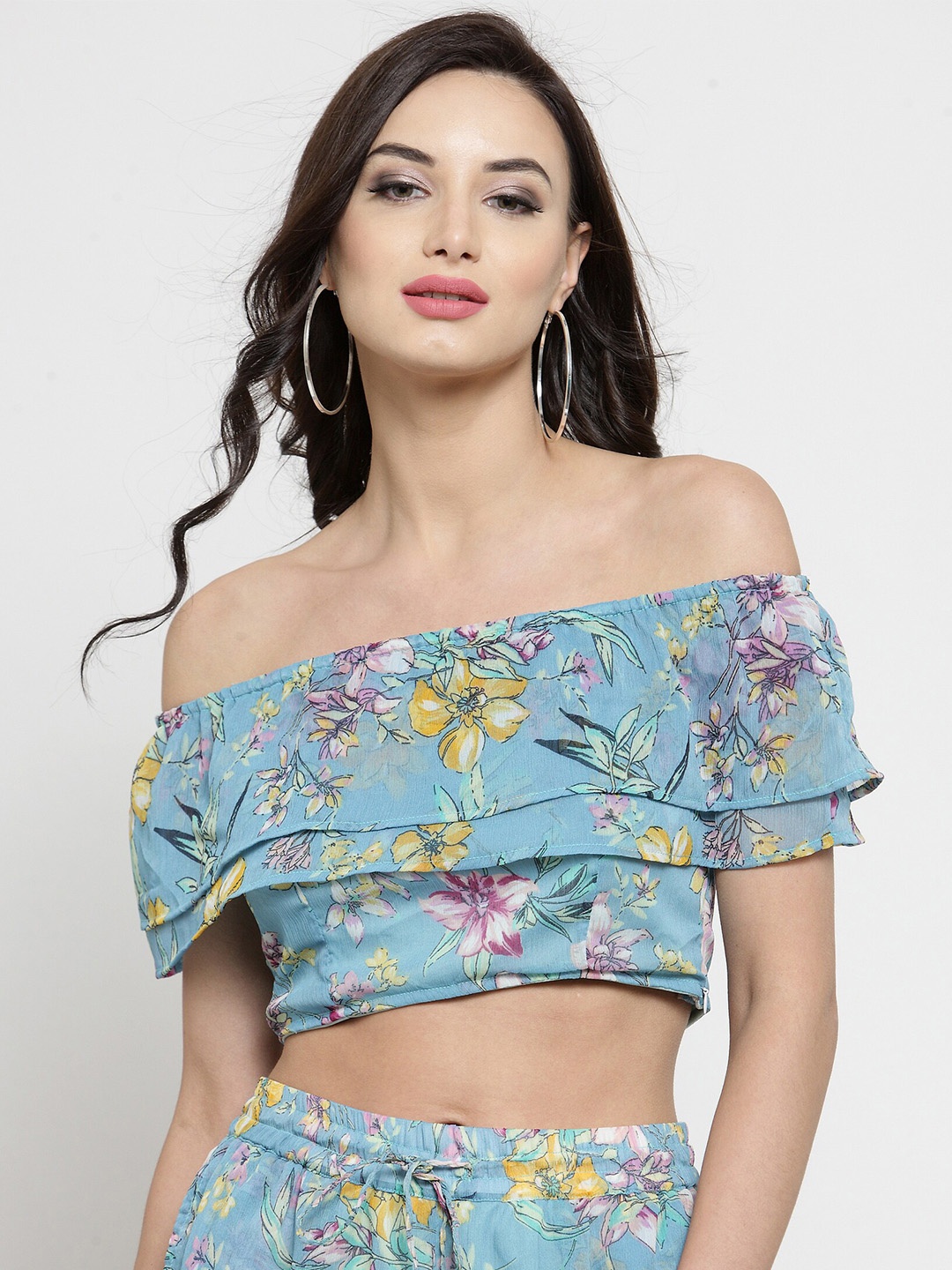 Sera Blue Floral Print Off-Shoulder Layered Bardot Crop Top