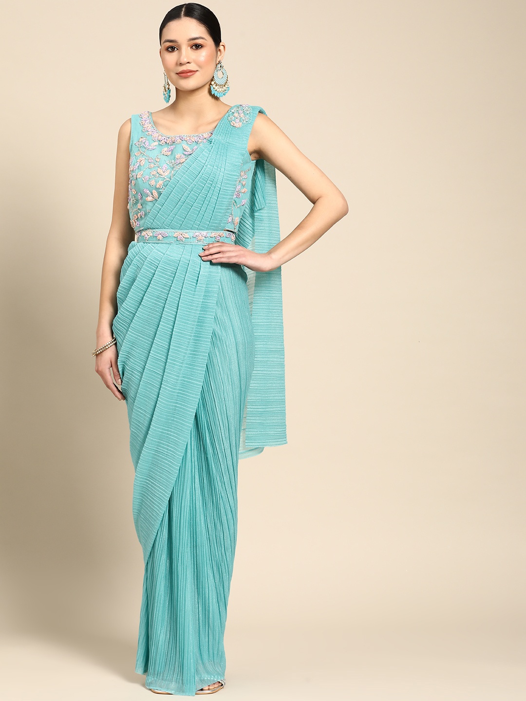 

Grancy Embellished Embroidered Ready to Wear Saree With Belt, Sea green