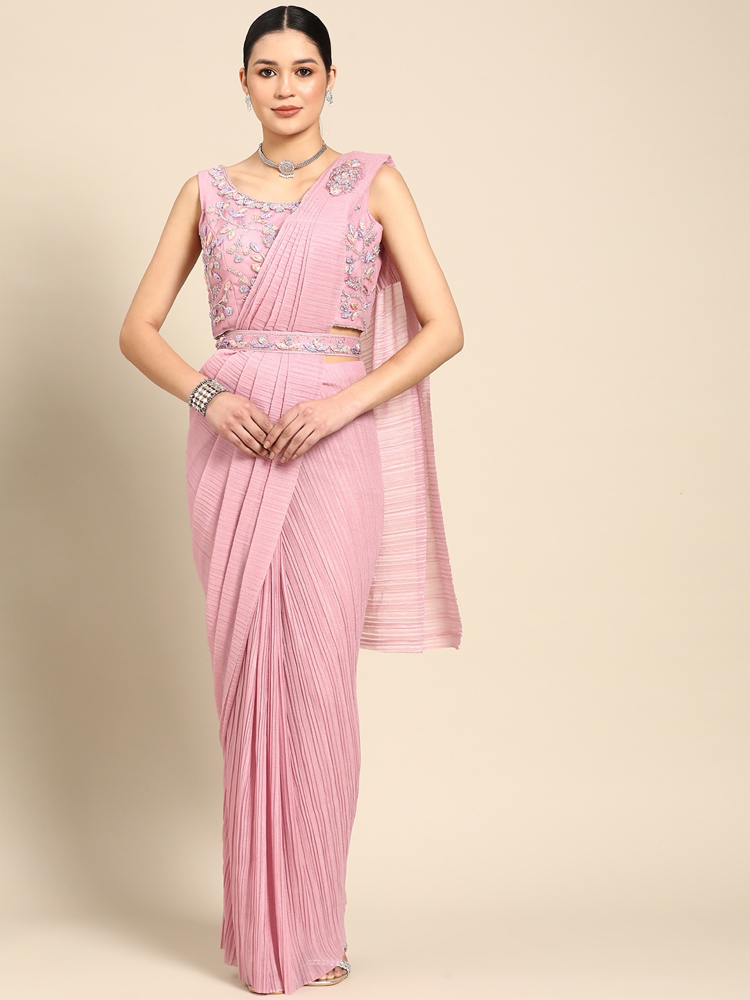 

Grancy Embellished Embroidered Ready to Wear Saree With Belt, Pink