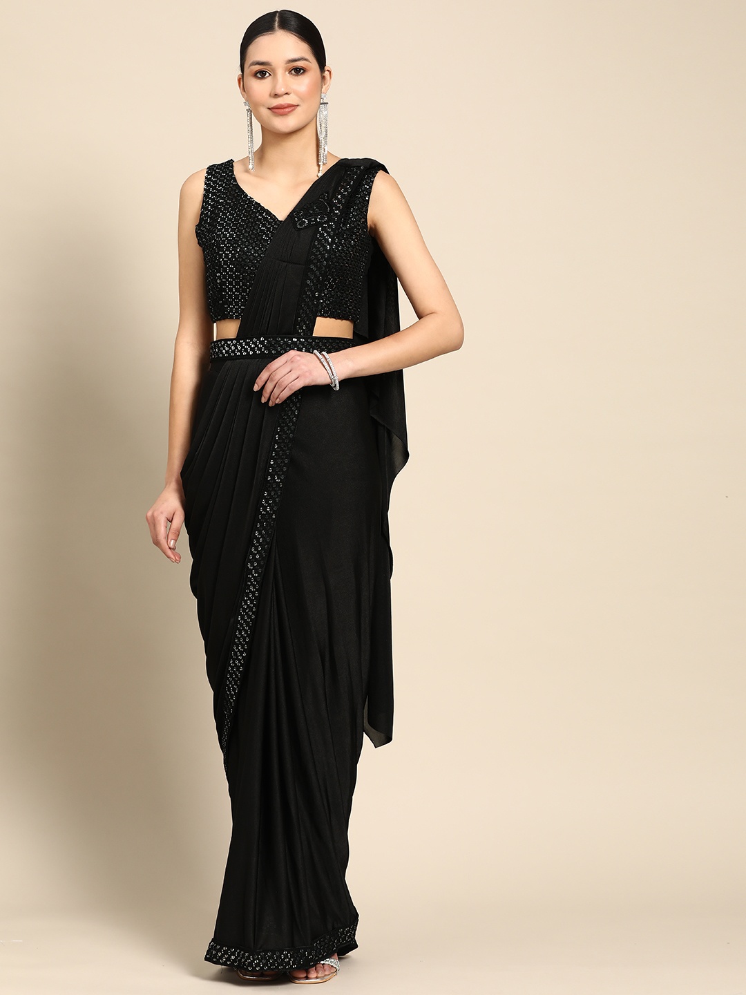 

Grancy Sequinned Ready to Wear Leheriya Saree, Black