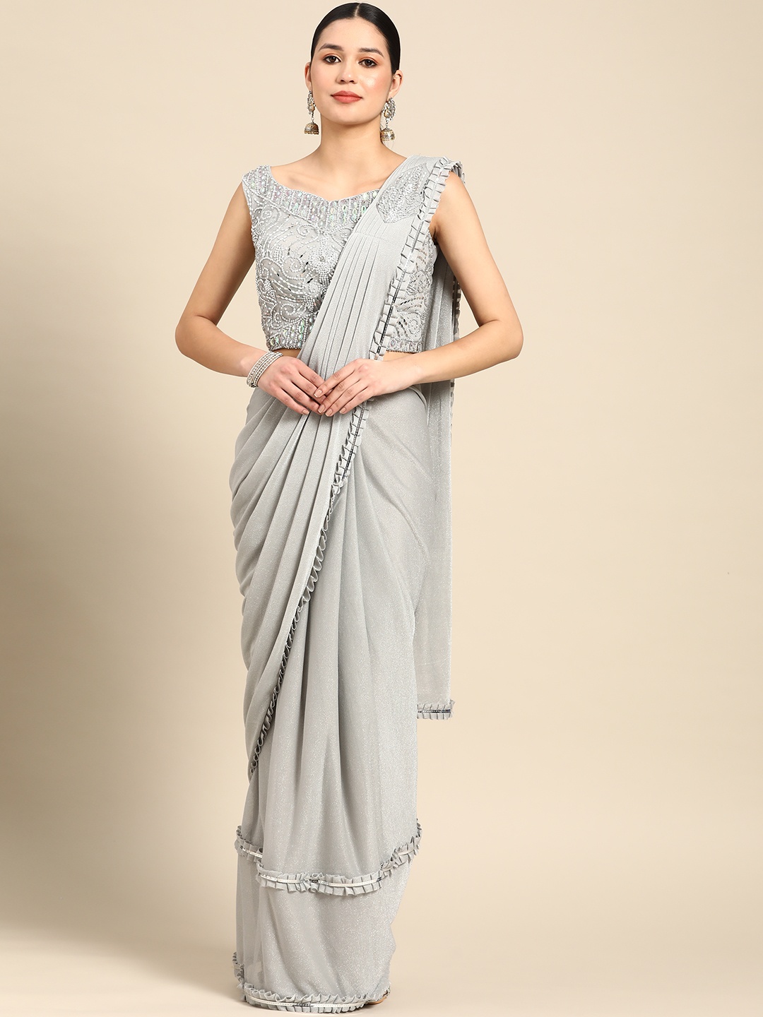 

Grancy Gotta Patti Ready to Wear Leheriya Saree, Grey