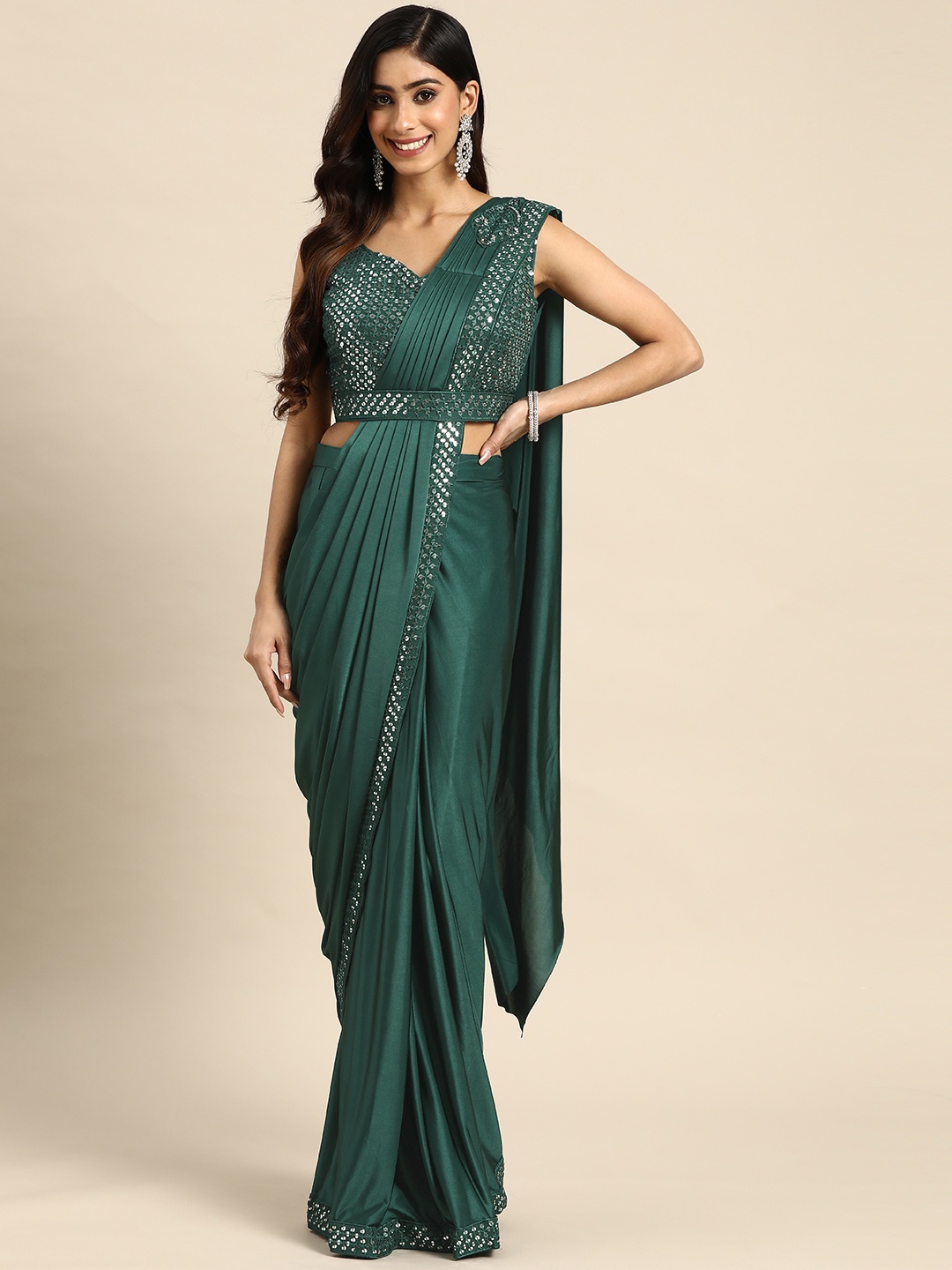 

Grancy Sequinned Ready To Wear Saree With Belt, Green