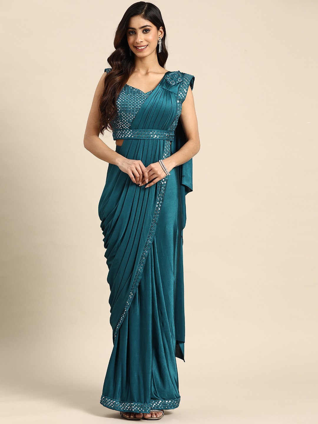 

Grancy Sequinned Ready To Wear Saree With Belt, Blue