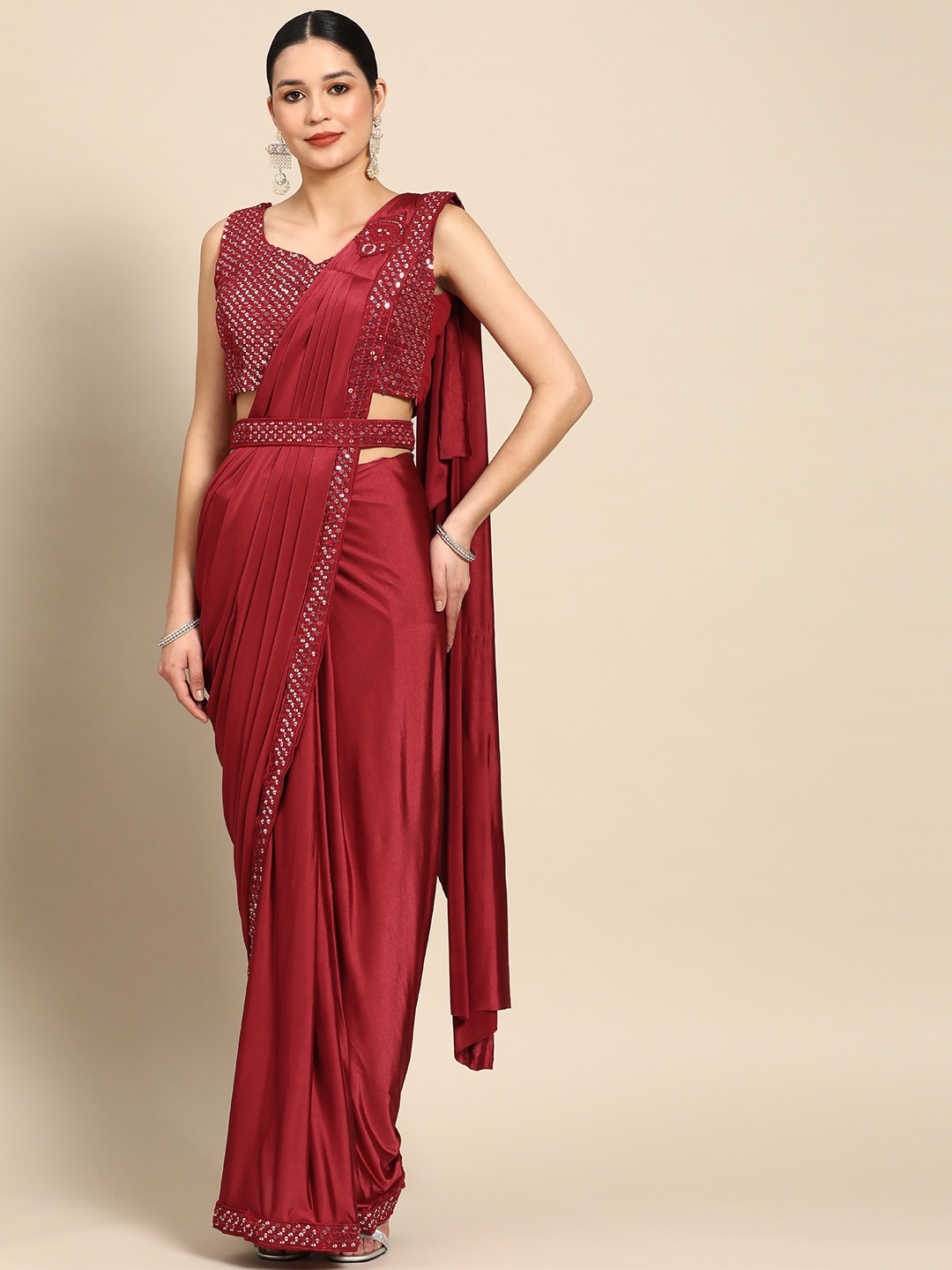 

Grancy Sequinned Ready to Wear Leheriya Saree, Maroon