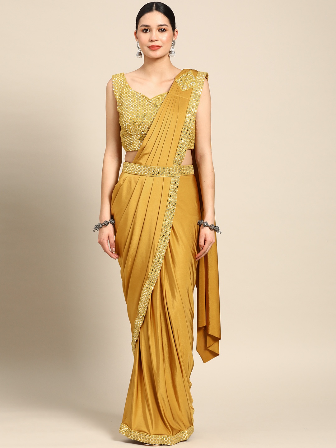 

Grancy Sequinned Ready to Wear Leheriya Saree, Mustard