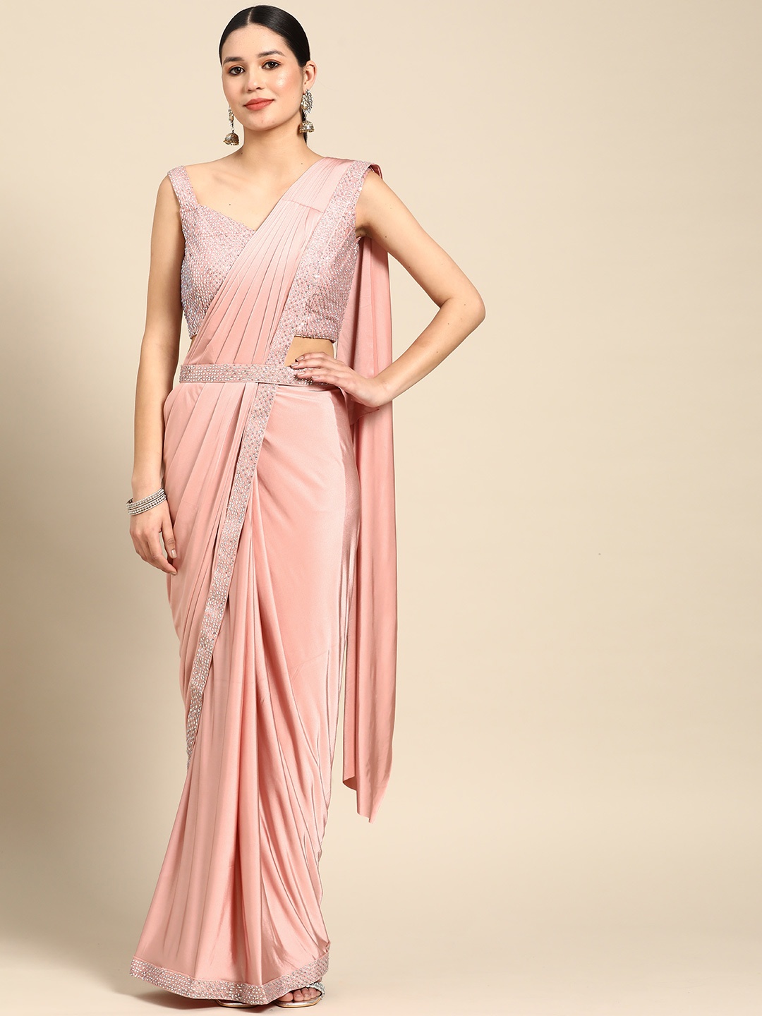 

Grancy Sequinned Ready to Wear Leheriya Saree, Pink