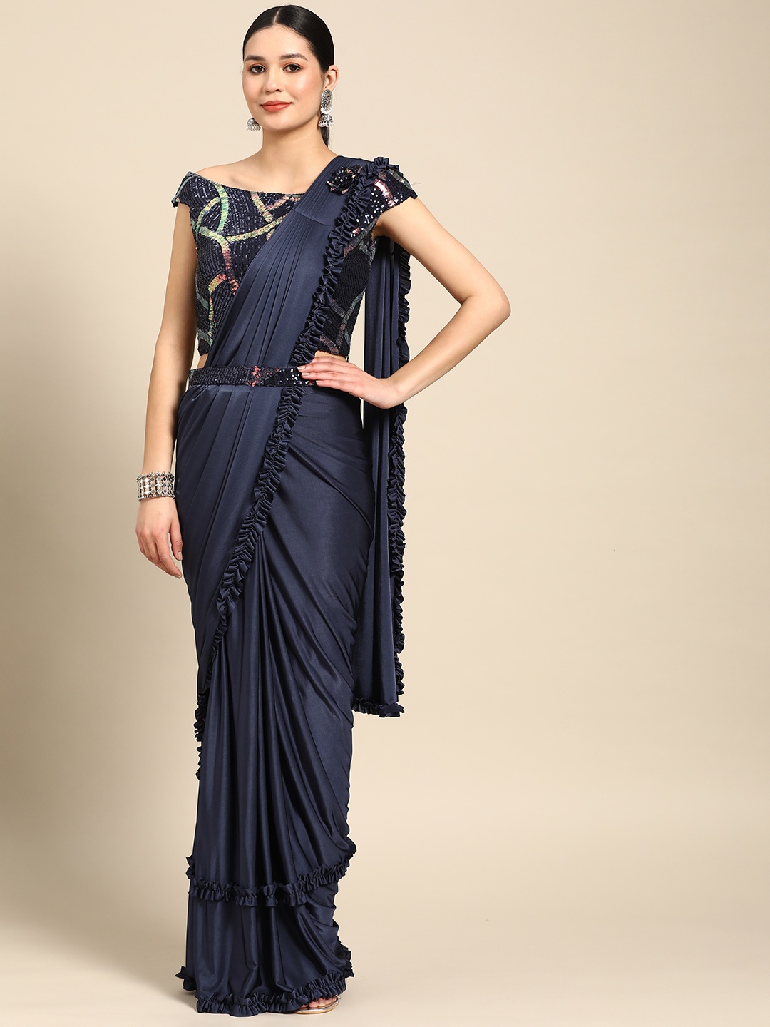 

Grancy Ready to Wear Leheriya Saree, Navy blue