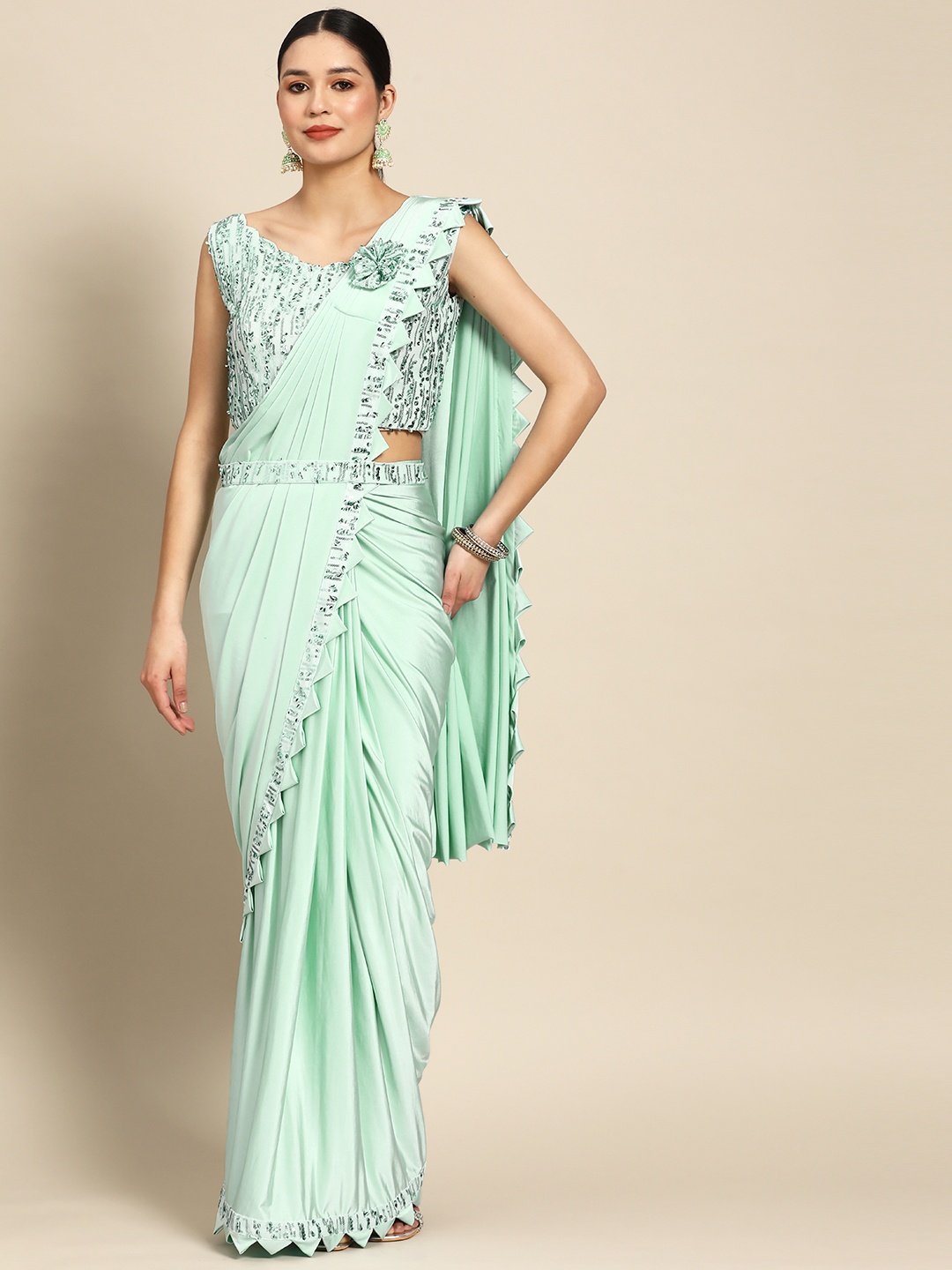 

Grancy Sequinned Leheriya Ready to Wear Saree, Turquoise blue