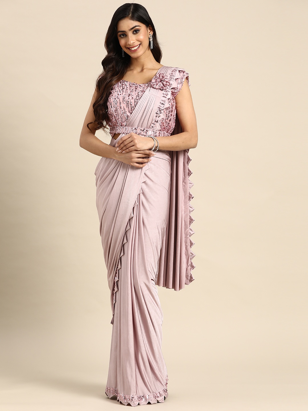 

Grancy Sequinned Ready To Wear Saree With Belt, Pink