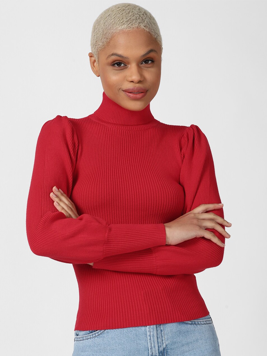 

FOREVER 21 Women Turtle Neck Ribbed Pullover, Red