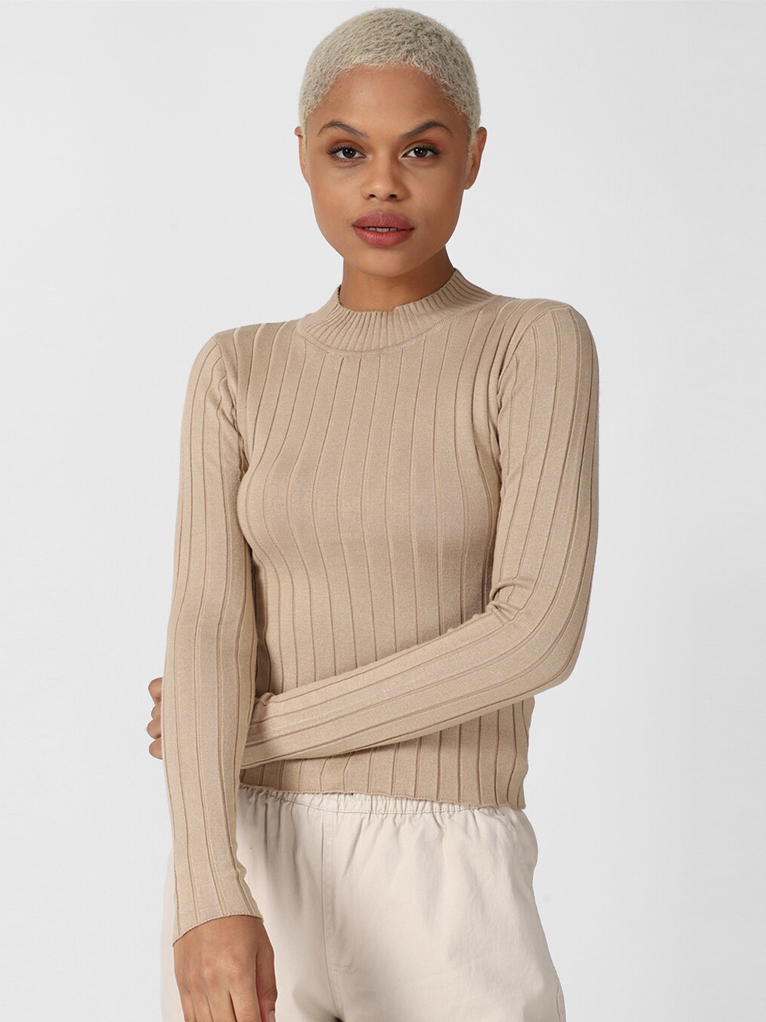 

FOREVER 21 Women Long Sleeves Ribbed Pullover, Beige