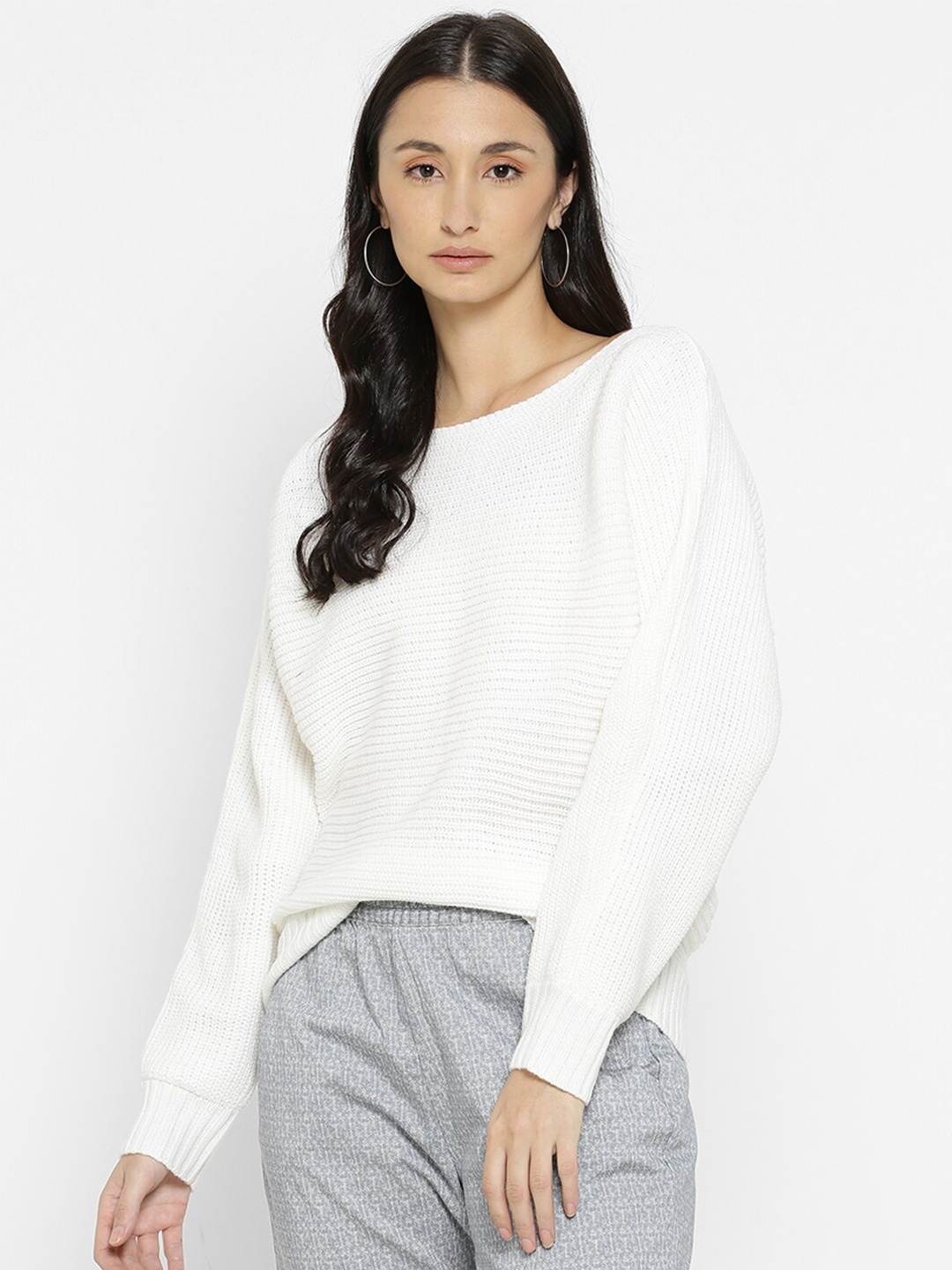 

FOREVER 21 Women Round Neck Striped Pullover, Cream