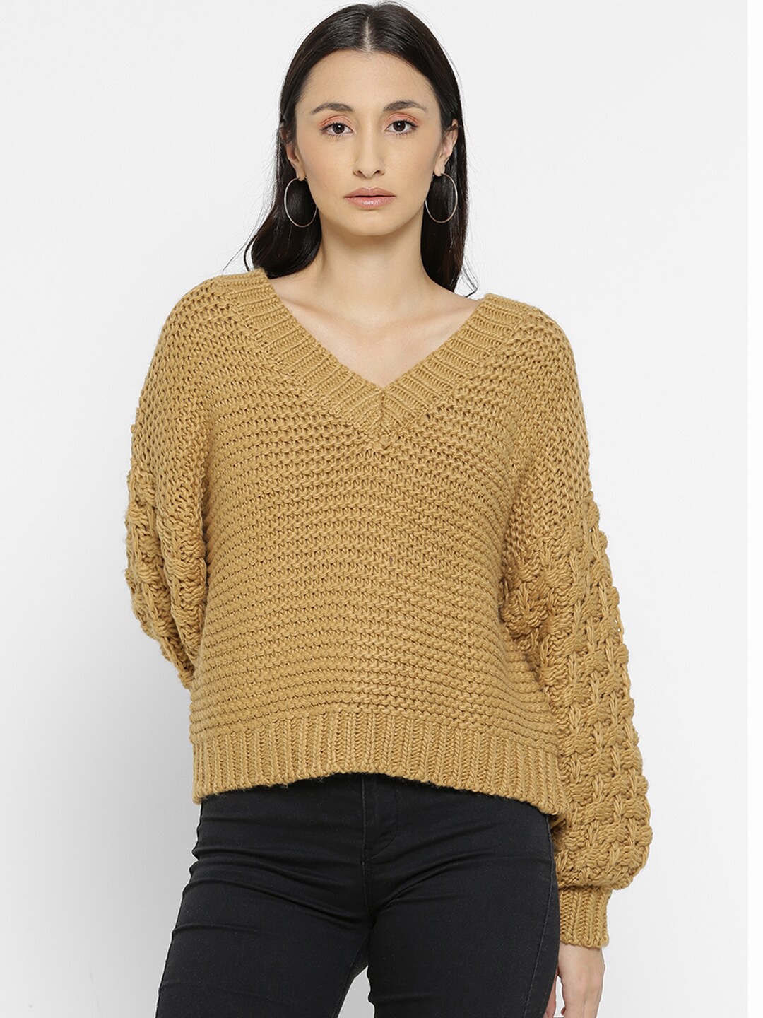 

FOREVER 21 Women V Neck Cable Knit Acrylic Pullover, Brown