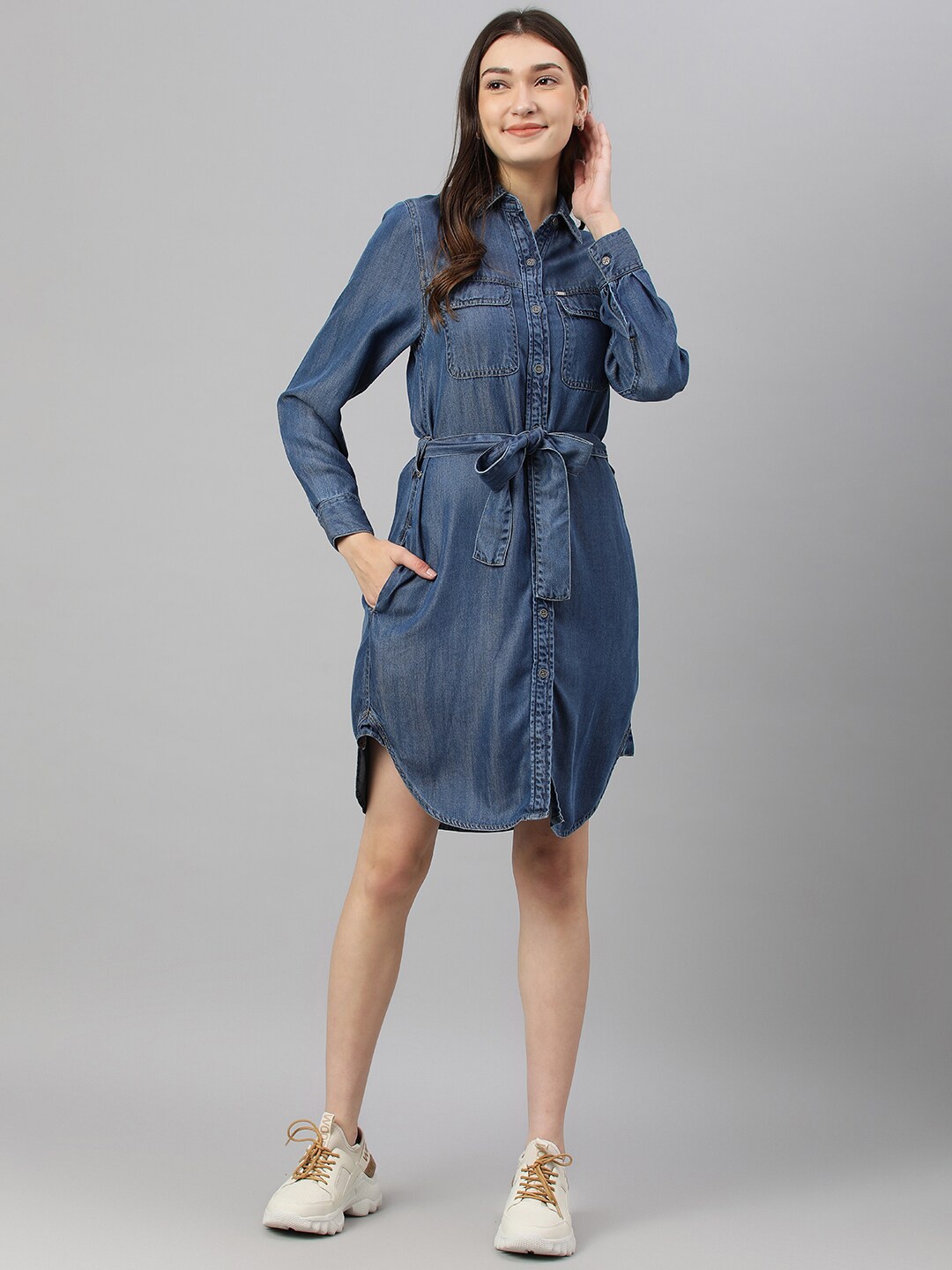 

Woods Shirt Collar Above Knee Shirt Dress, Blue