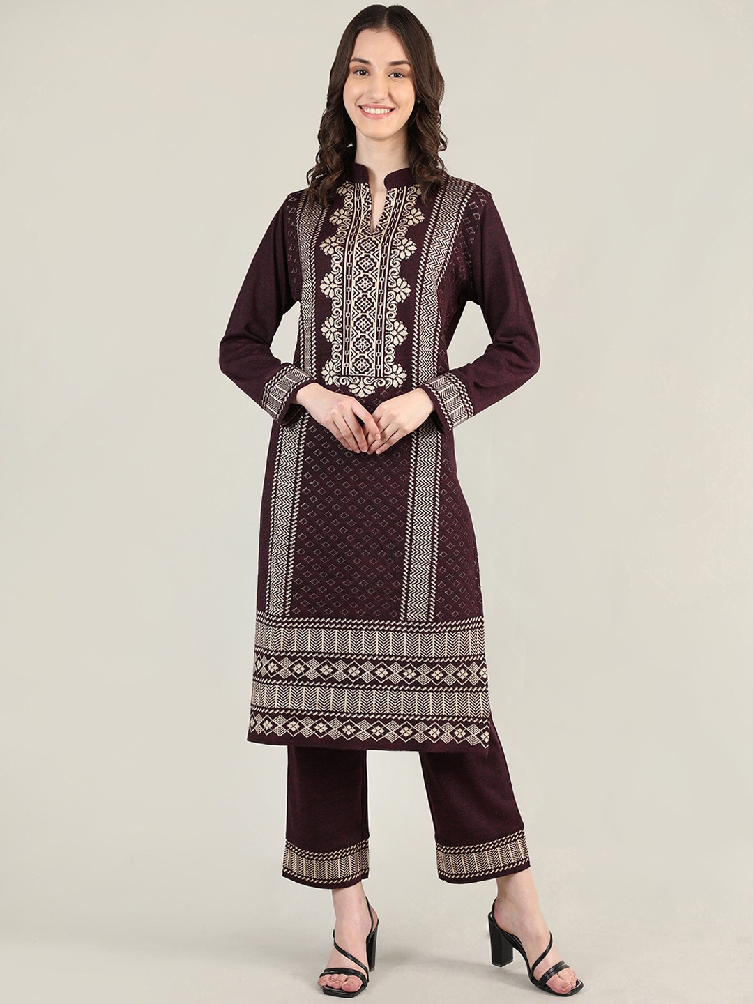 

MIKHAD Women Ethnic Motif Pure Wool Kurta With Trousers, Purple