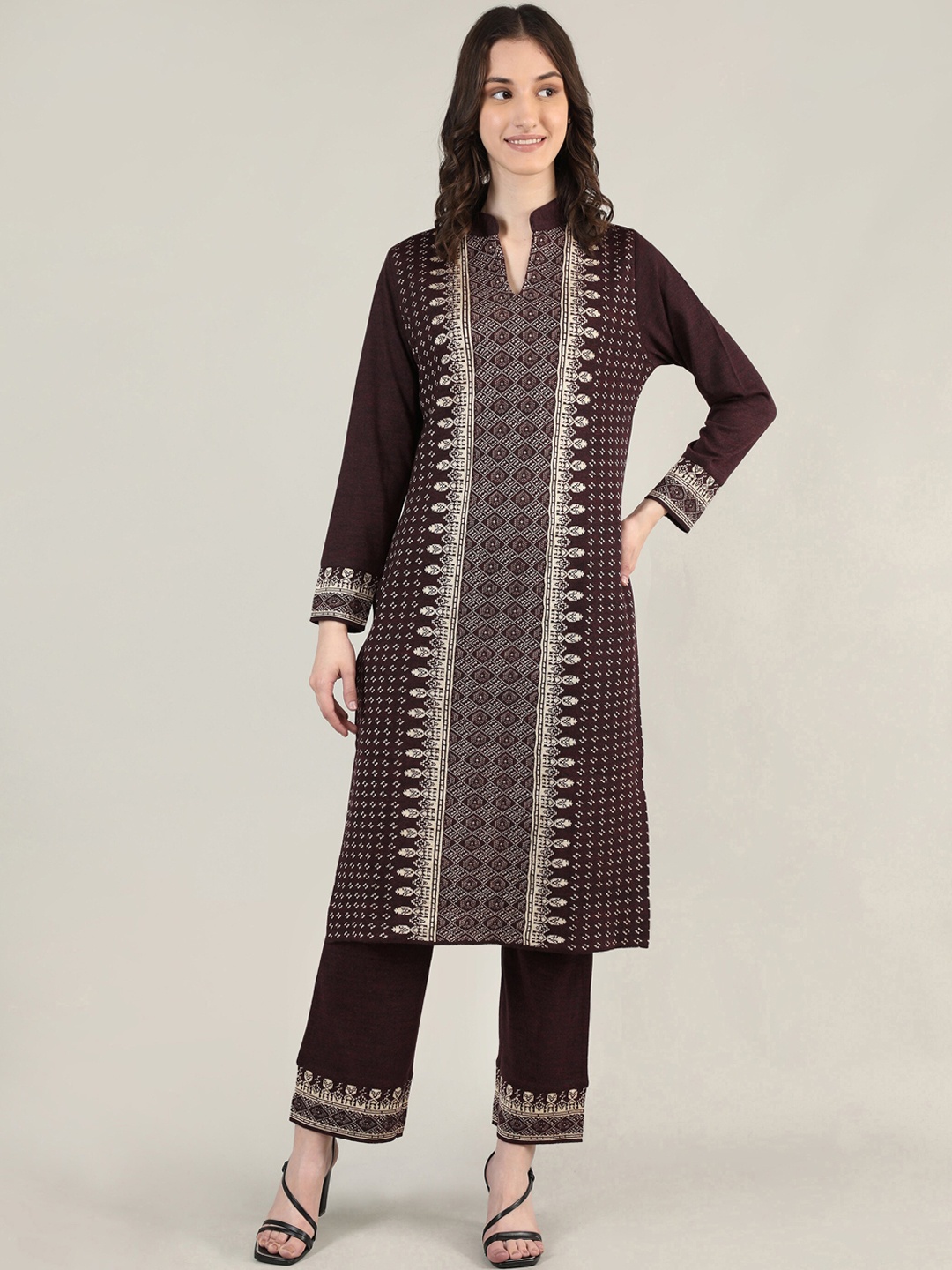 

MIKHAD Women Geometric Woven design Pure Wool Kurta with Trousers, Purple