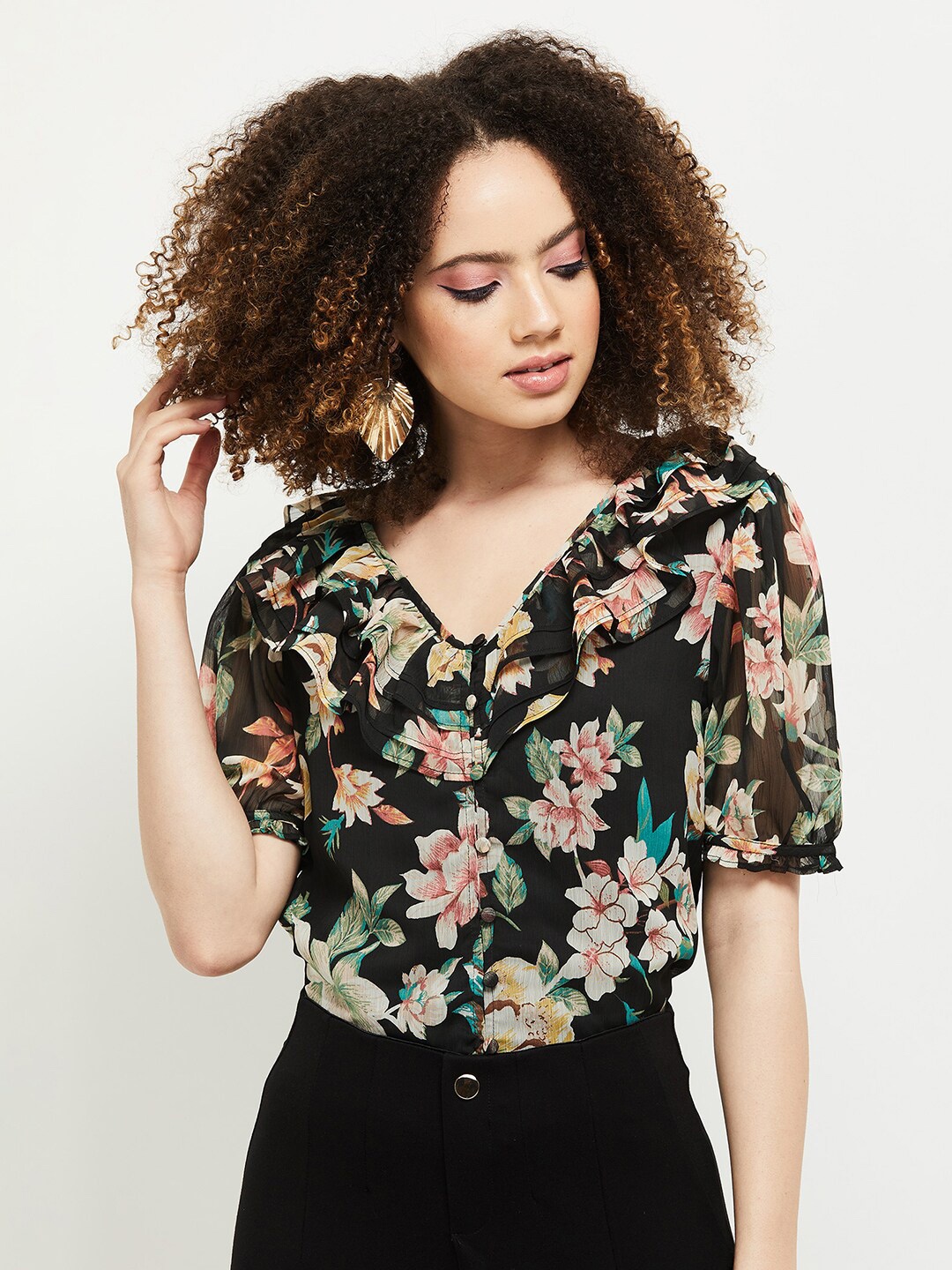 

max Black Floral Print V-Neck Top