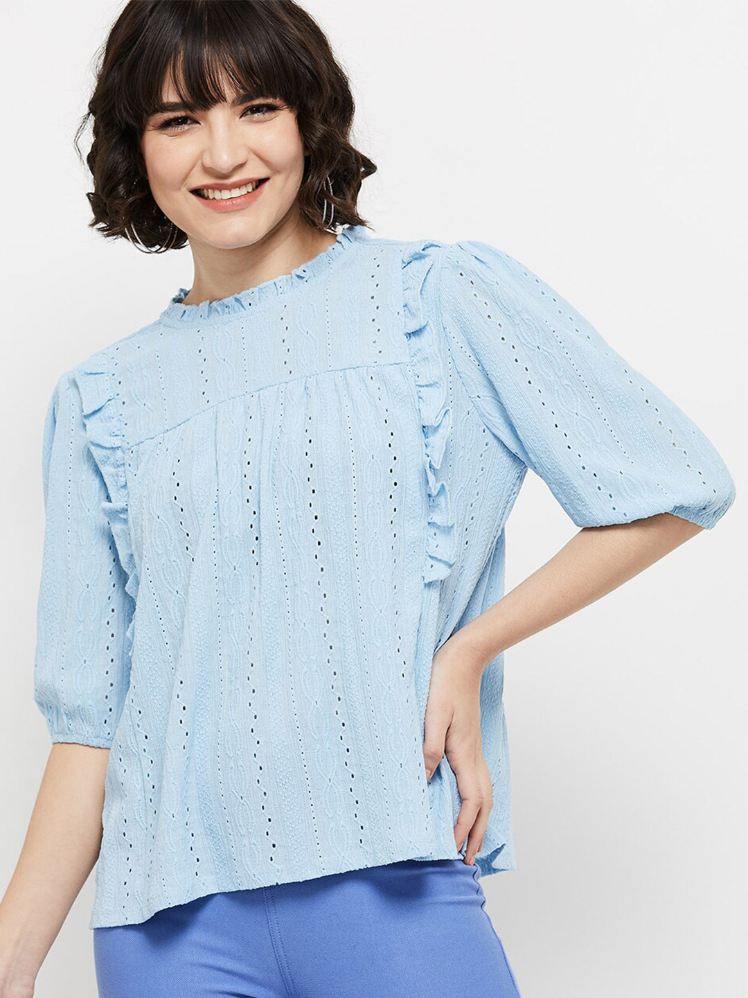 

max Self Design Schiffli Puff Sleeve Top, Blue
