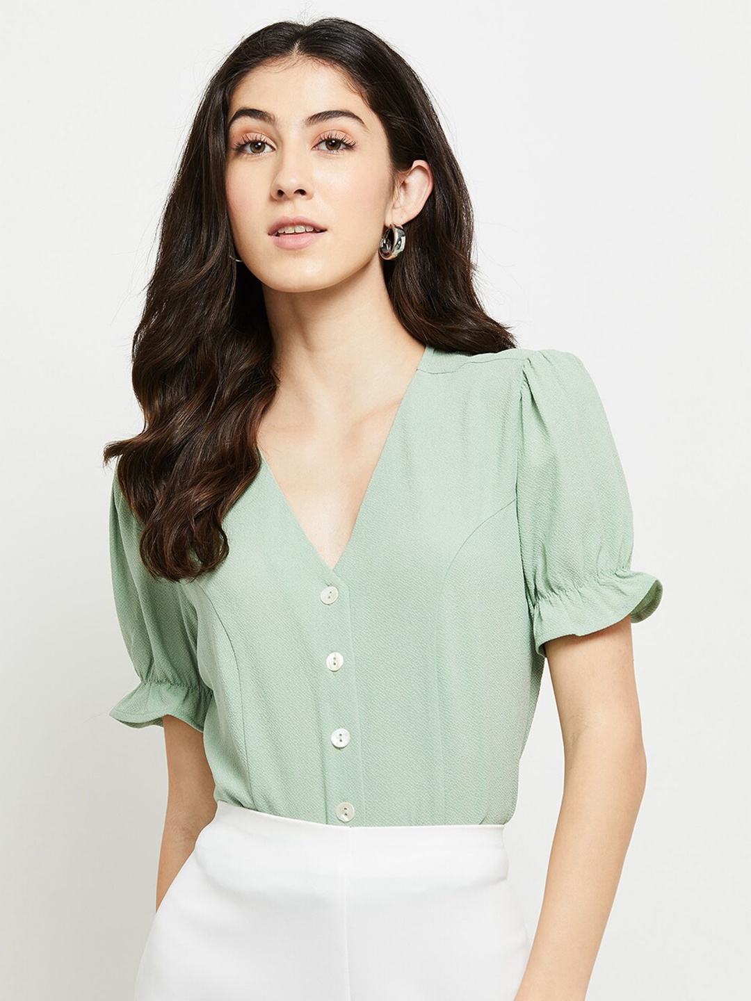 

max Women V Neck Casual Shirt, Green