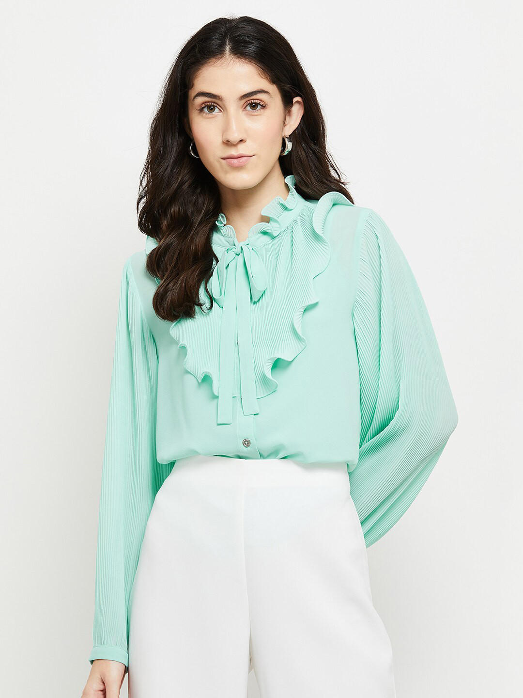 

max Tie-Up Neck Ruffles Shirt Style Top, Green