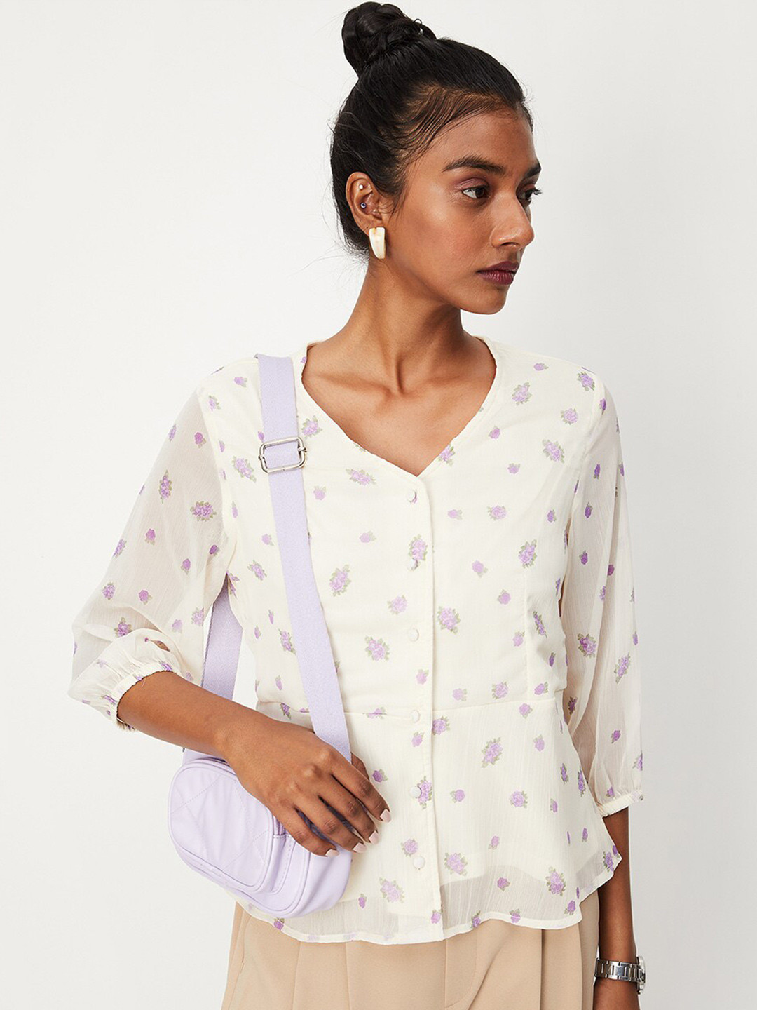 

max Floral Printed V-Neck Shirt Style Top, Cream
