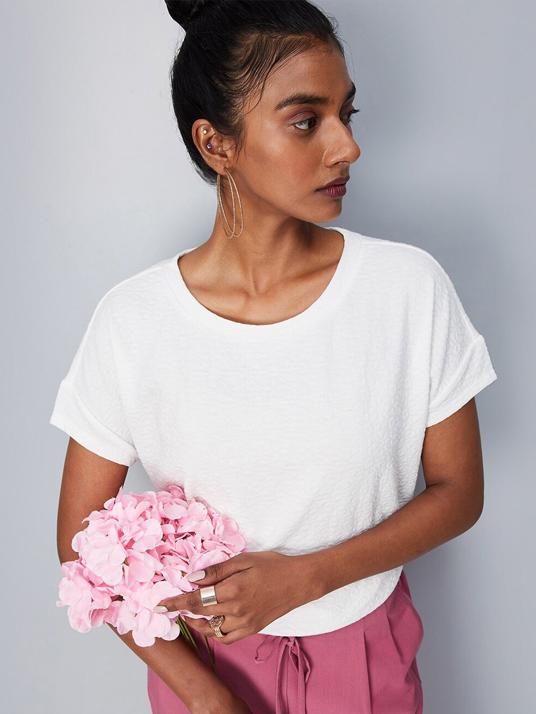 

max Self Design Round Neck Cotton Top, White