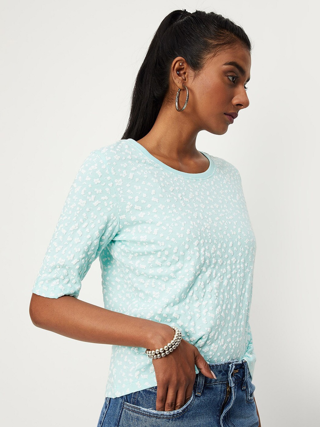 

max Round Neck Printed Pure Cotton Top, Sea green