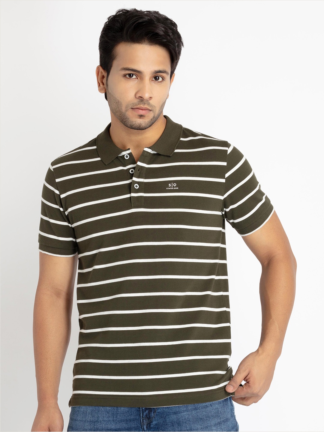 

Status Quo Men Striped Polo Collar T-shirt, Olive