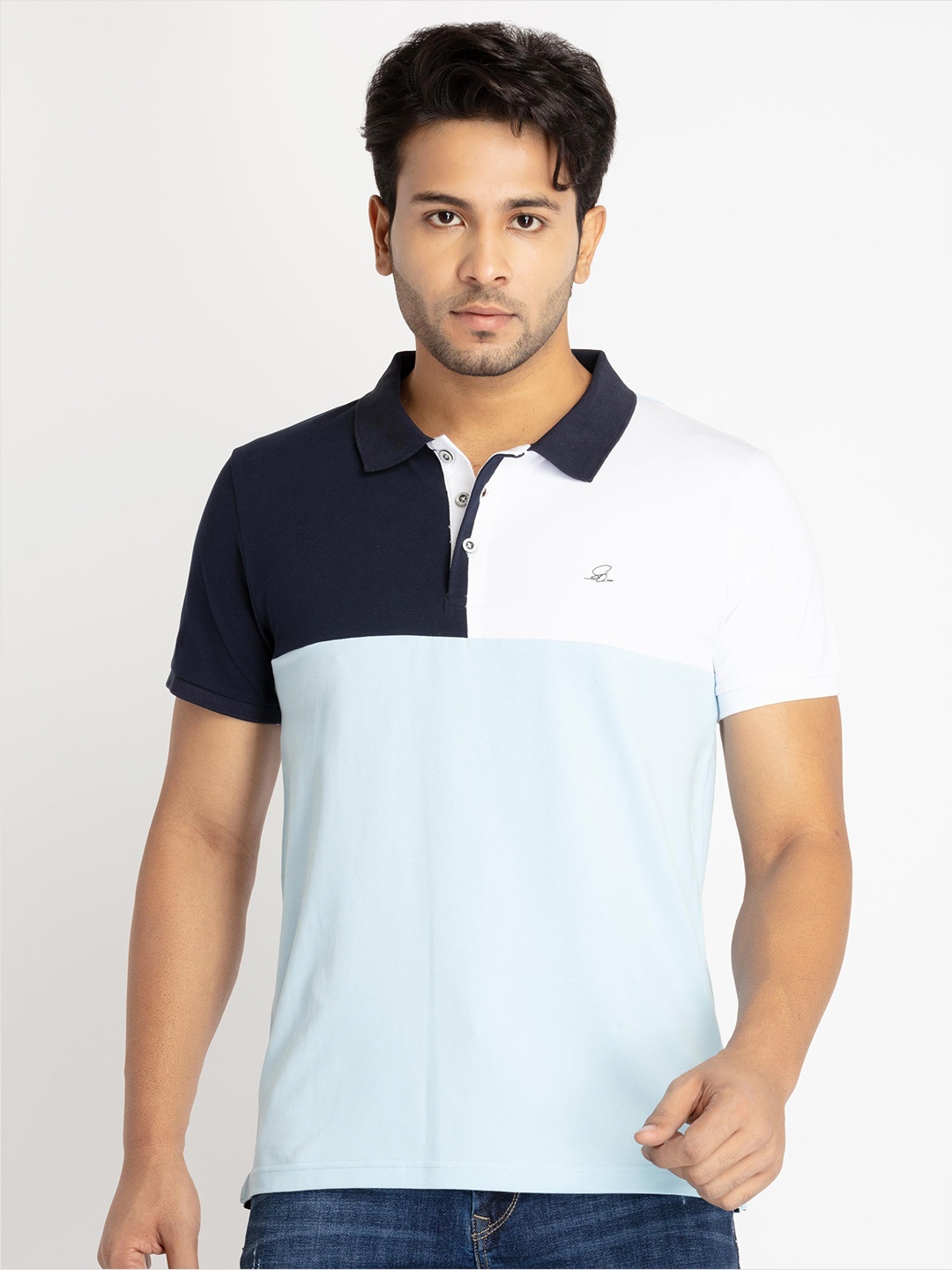 

Status Quo Men Plus Size Colourblocked Polo Collar Cotton T-shirt, Blue