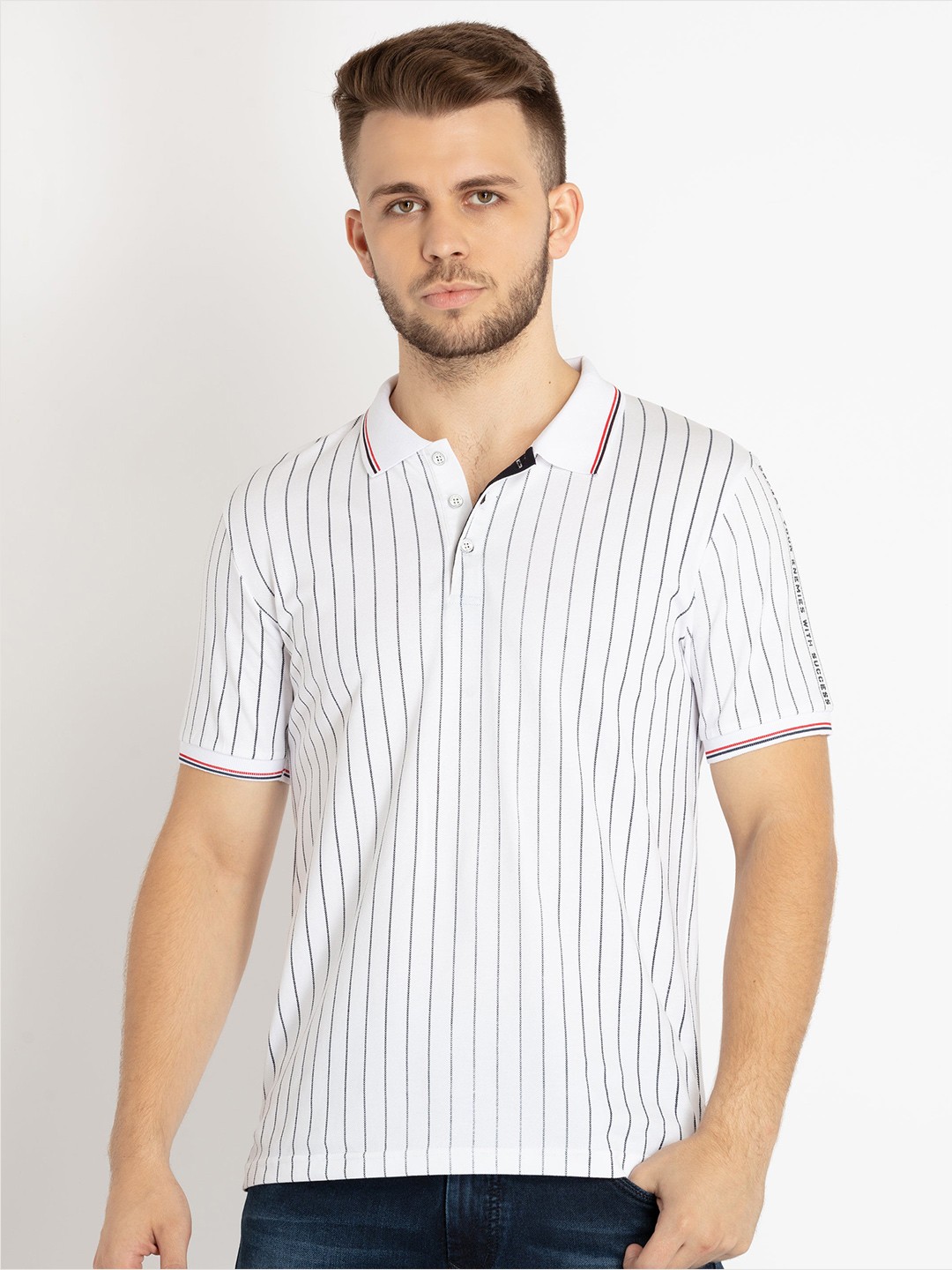 

Status Quo Men Striped Polo Collar Cotton T-shirt, White