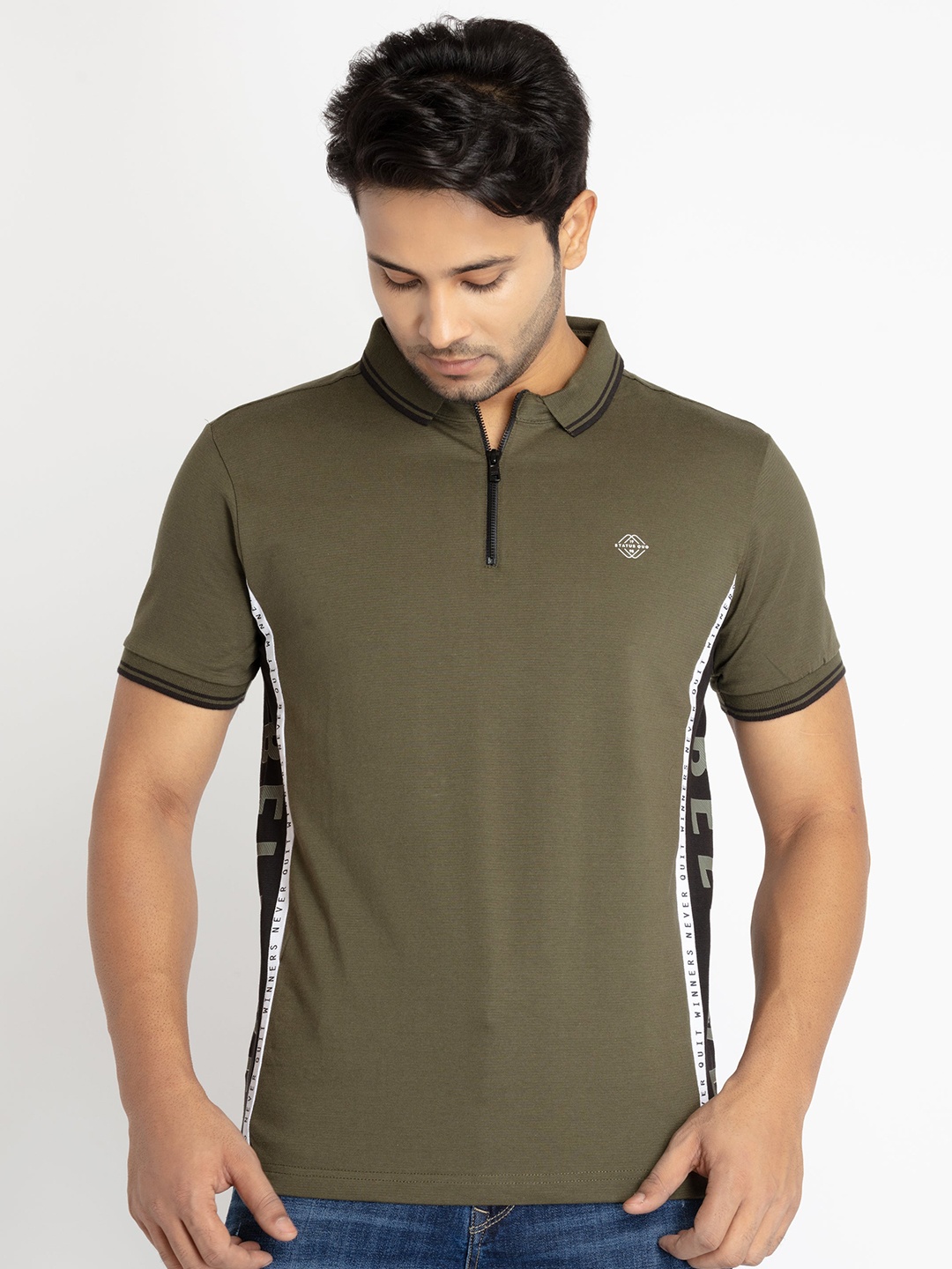 

Status Quo Men Polo Collar Cotton T-shirt, Olive