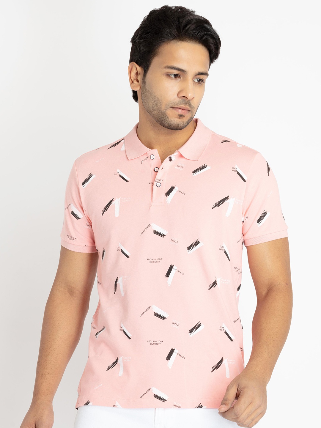 

Status Quo Men Conversational Printed Polo Collar Cotton T-shirt, Peach