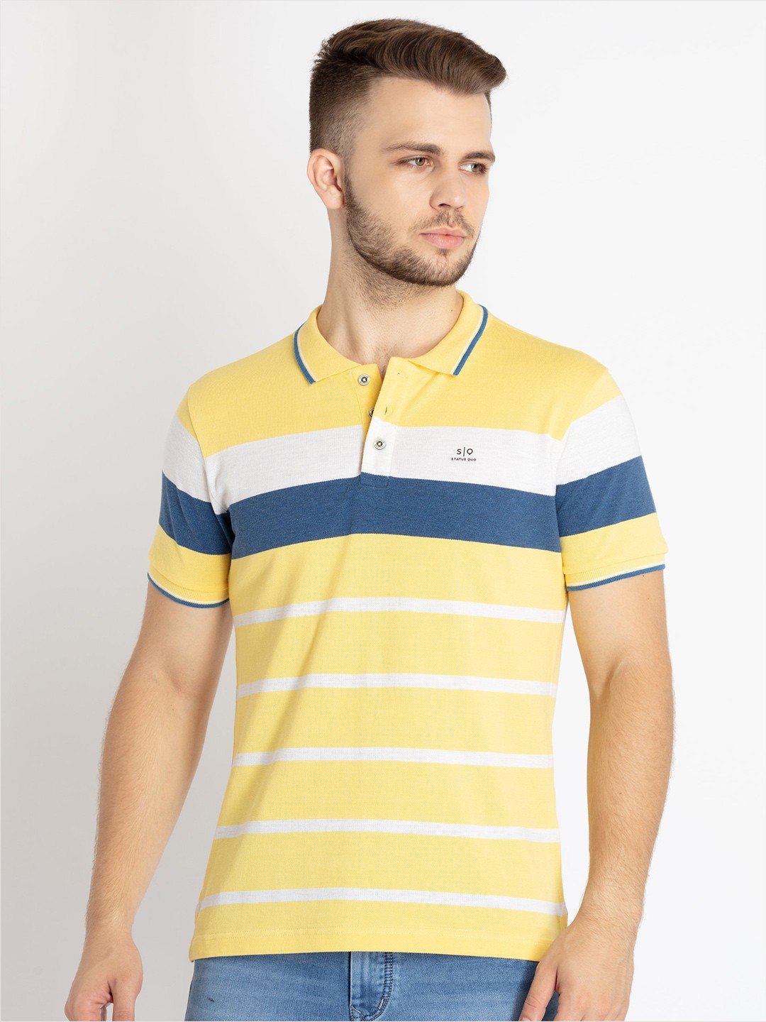 

Status Quo Men Striped Polo Collar T-shirt, Yellow