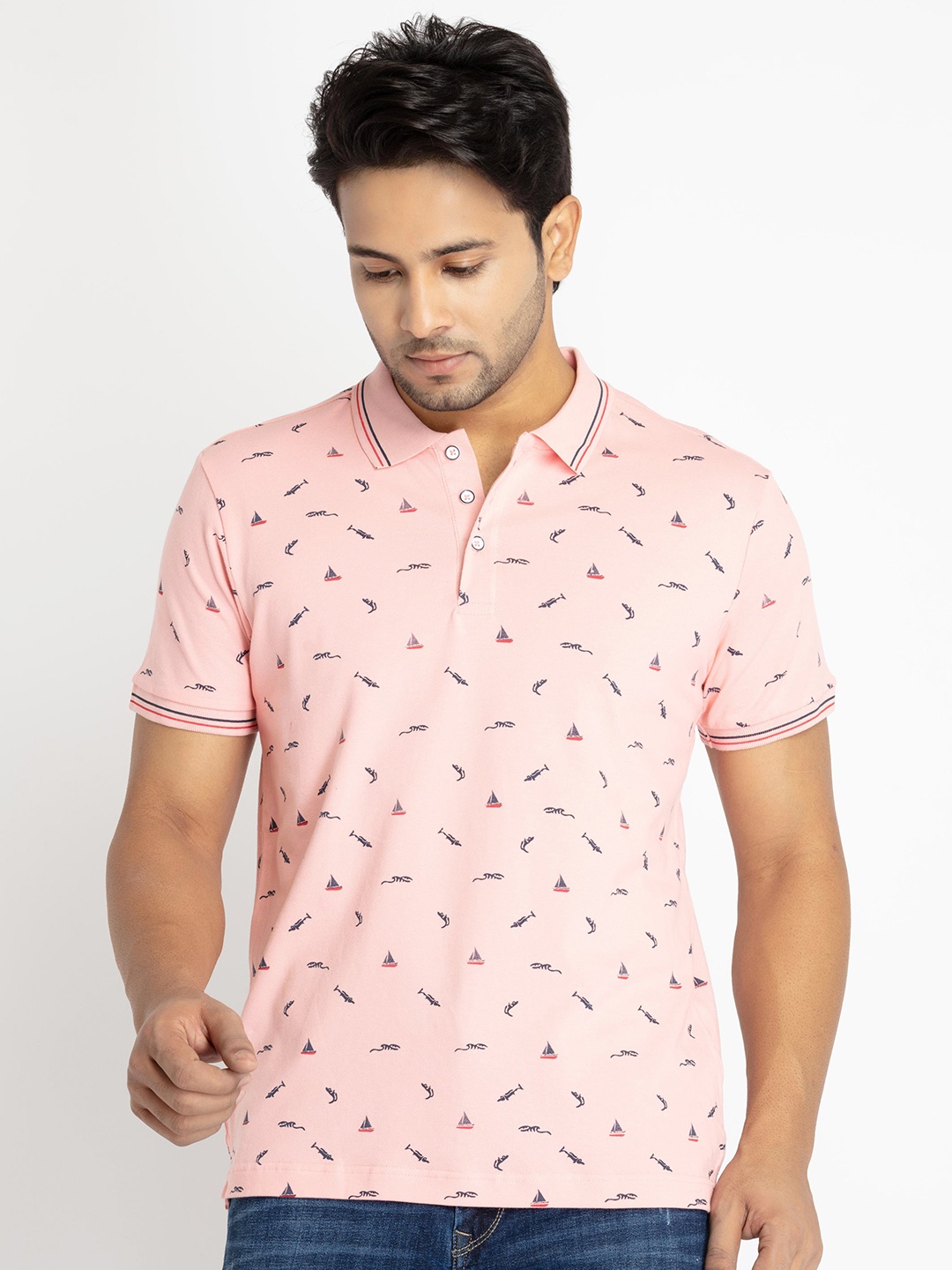 

Status Quo Men Conversational Printed Polo Collar T-shirt, Peach