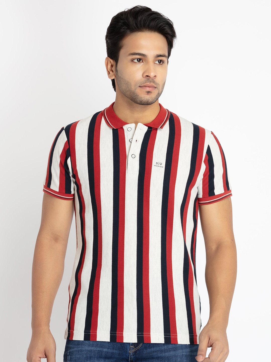 

Status Quo Men Striped Polo Collar T-shirt, Red