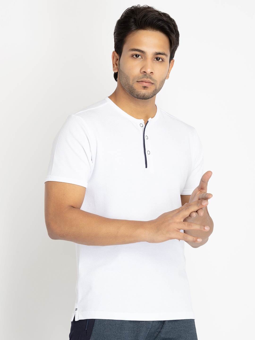 

Status Quo Men Henley Neck Cotton T-shirt, White
