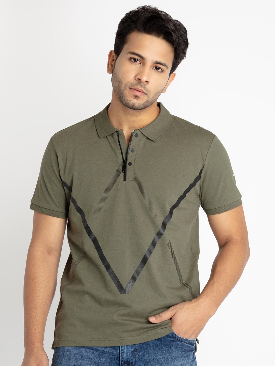 

Status Quo Striped Printed Regular Fit Polo Collar Cotton T-shirt, Olive