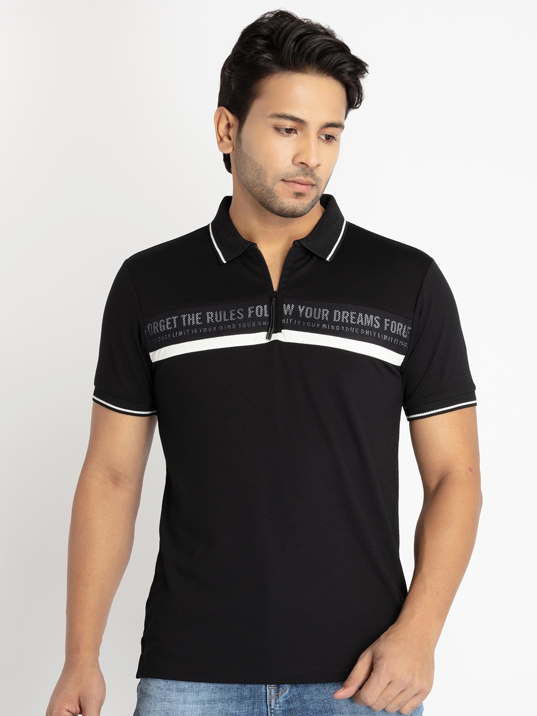 

Status Quo Typography Printed Polo Collar Cotton T-shirt, Black