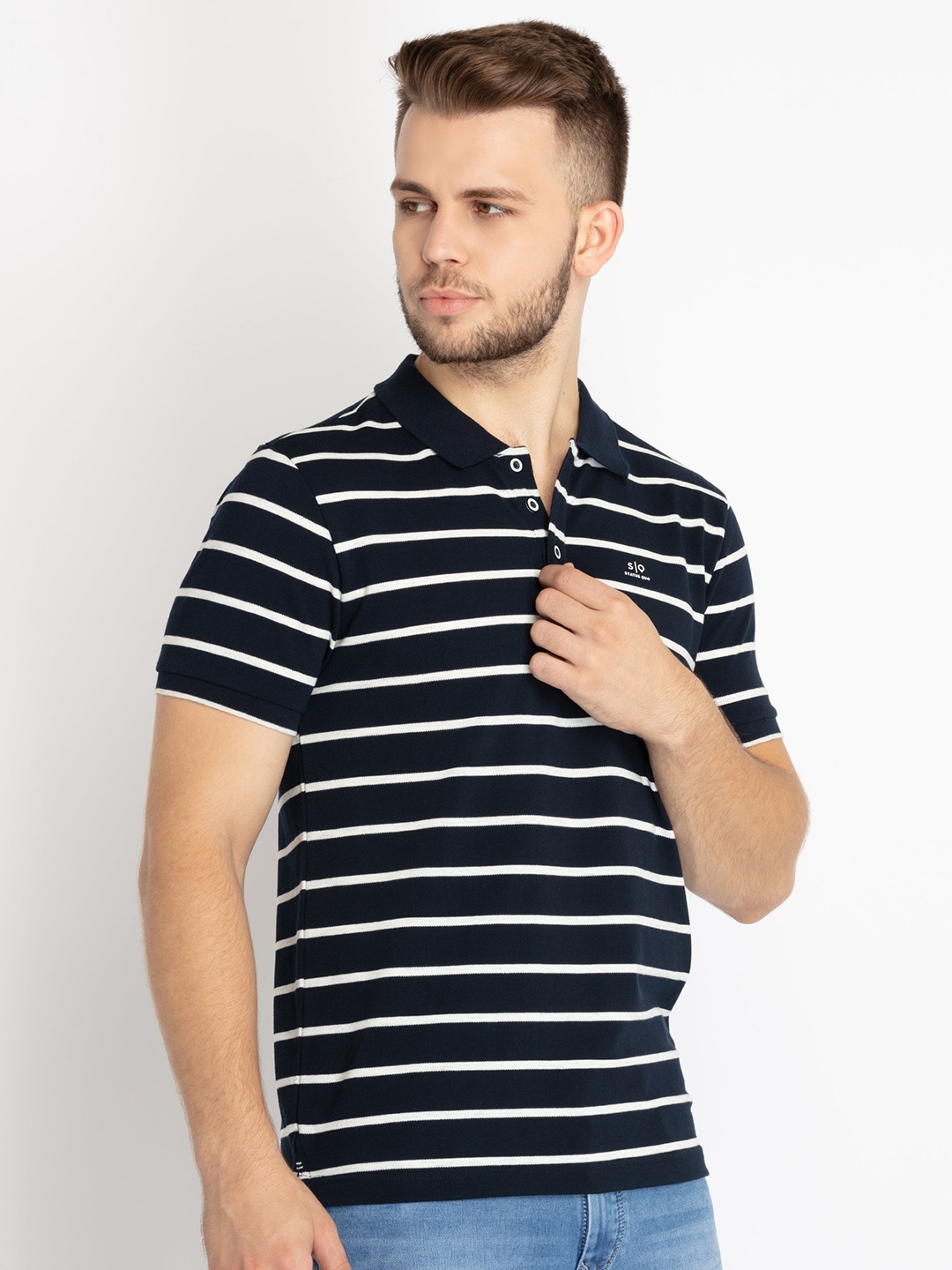 

Status Quo Striped Polo Collar Regular Fit Cotton T-shirt, Black