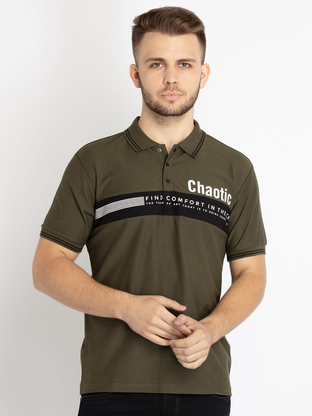 

Status Quo Men Typography Printed Polo Collar Cotton T-shirt, Khaki