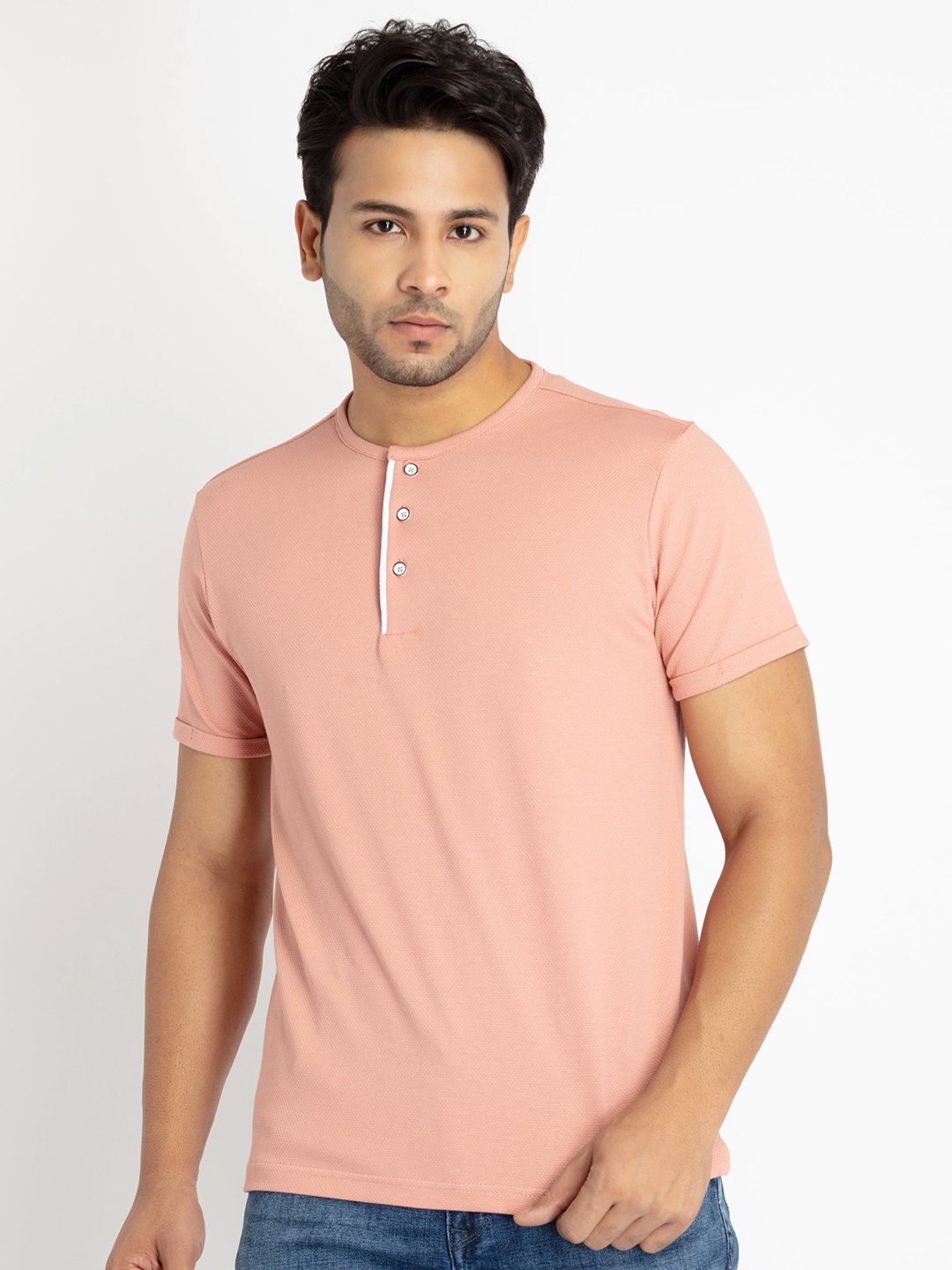 

Status Quo Men Plus Size Henley Neck Cotton T-shirt, Rose gold