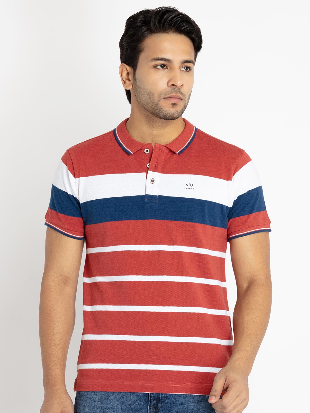 

Status Quo Men Striped Polo Collar Cotton T-shirt, Red