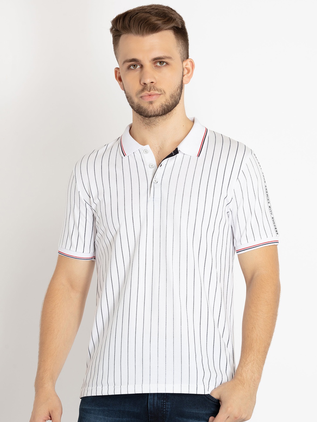 

Status Quo Men Striped Polo Collar T-shirt, Off white