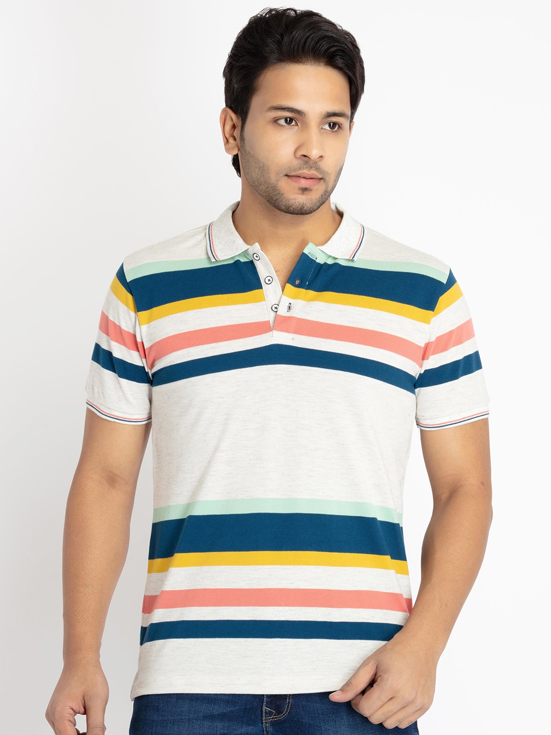 

Status Quo Men Striped Polo Collar T-shirt, White