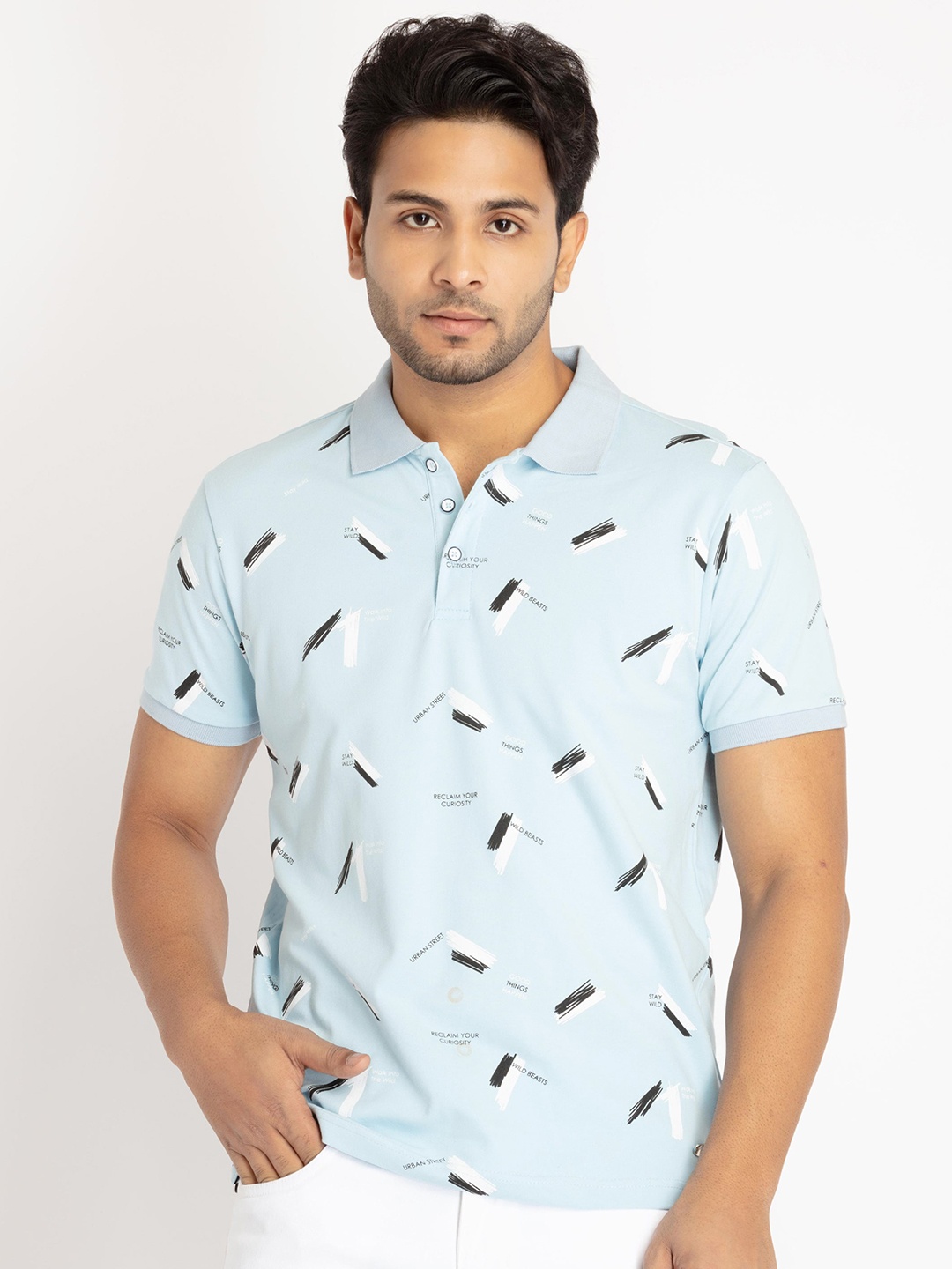 

Status Quo Men Typography Printed Polo Collar Cotton T-shirt, Blue