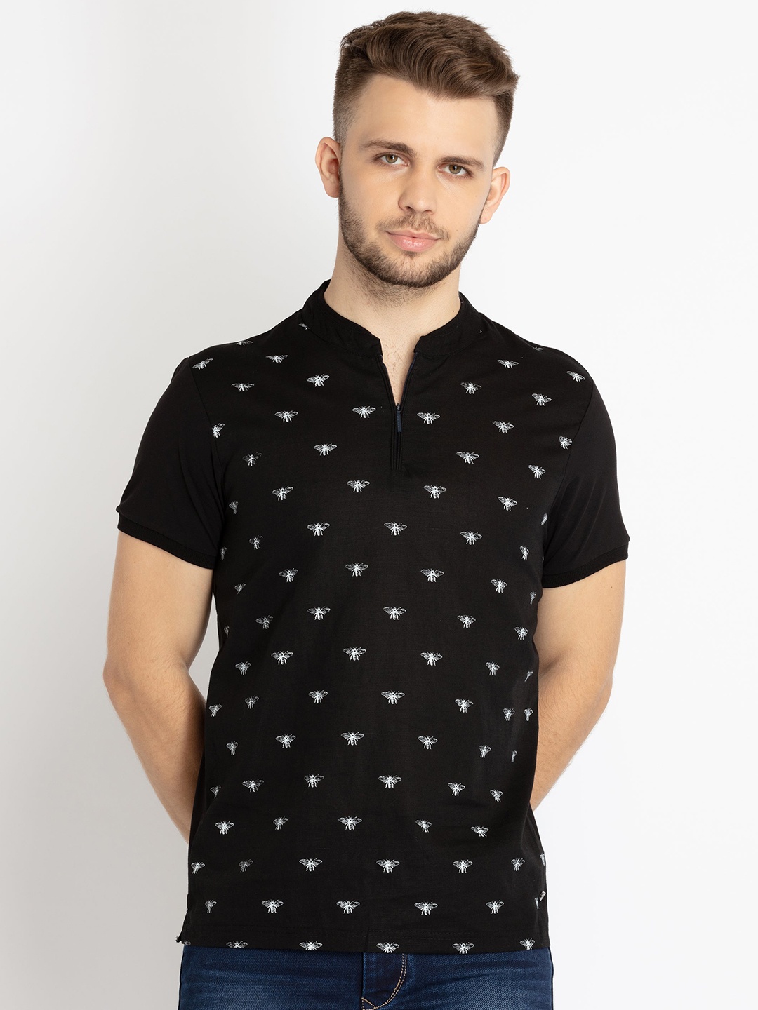 

Status Quo Men Printed Henley Neck Cotton T-shirt, Black