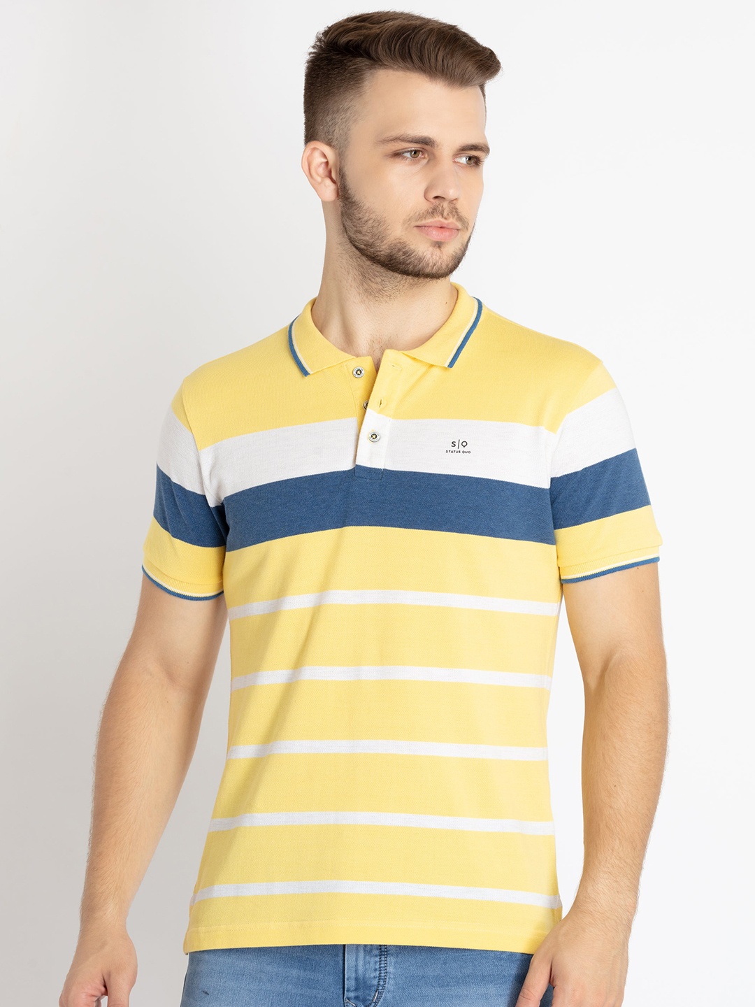 

Status Quo Men Striped Polo Collar Cotton T-shirt, Yellow