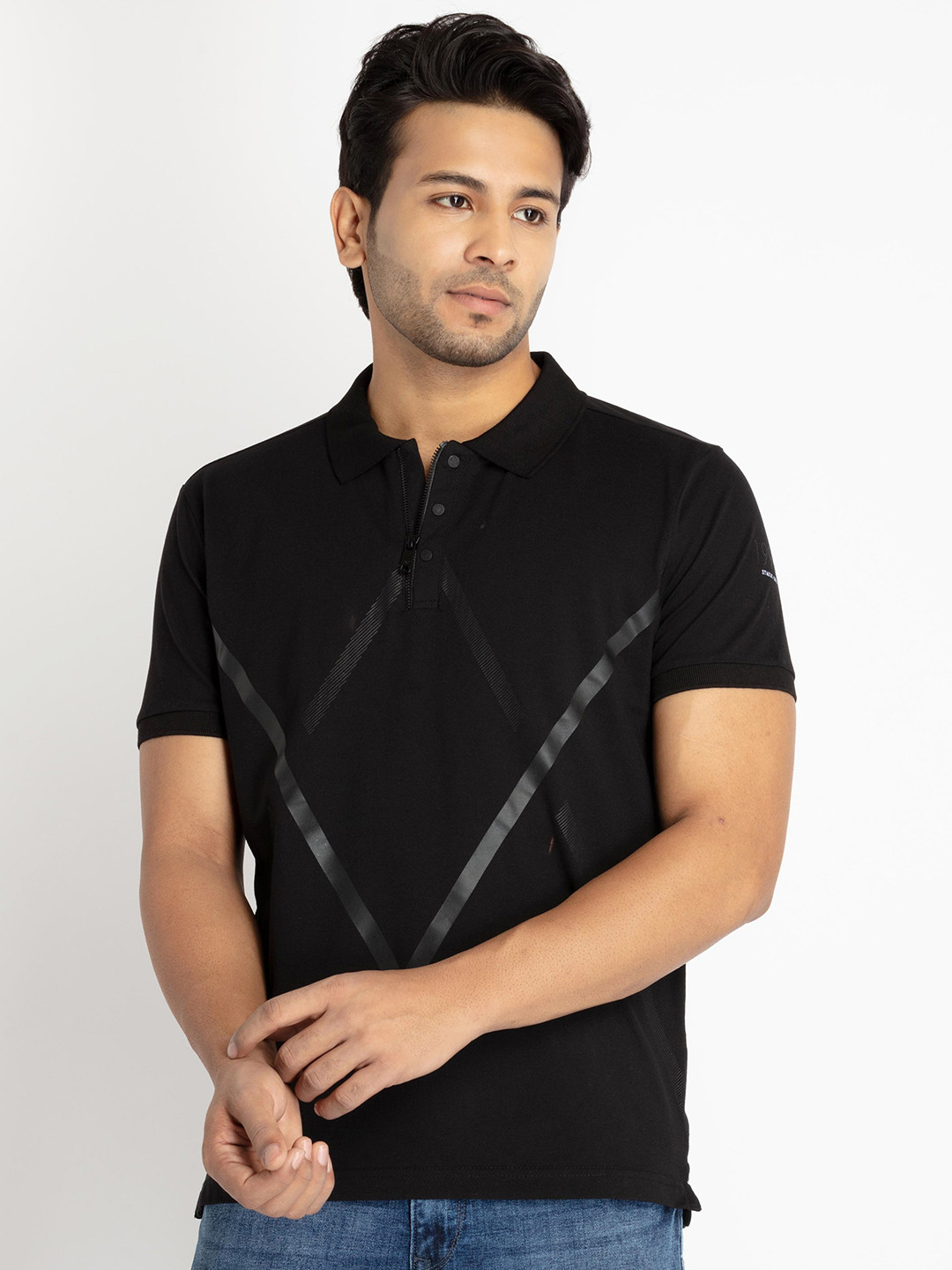 

Status Quo Men Geometric Printed Polo Collar Cotton T-shirt, Black