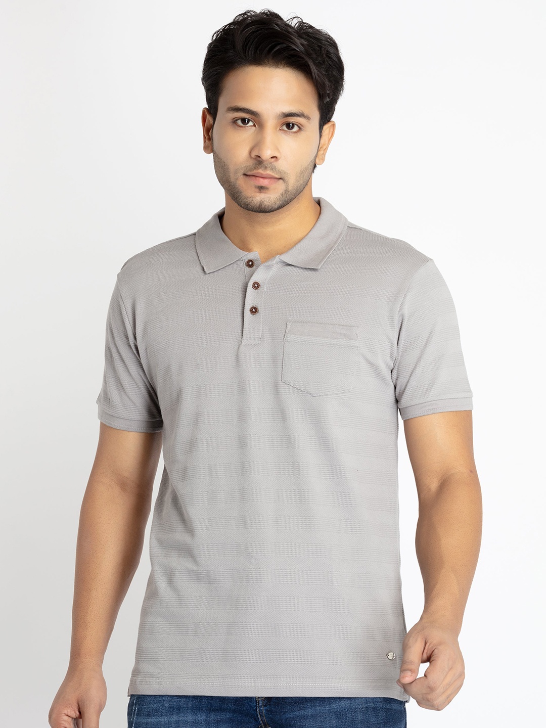 

Status Quo Men Striped Polo Collar Cotton T-shirt, Grey