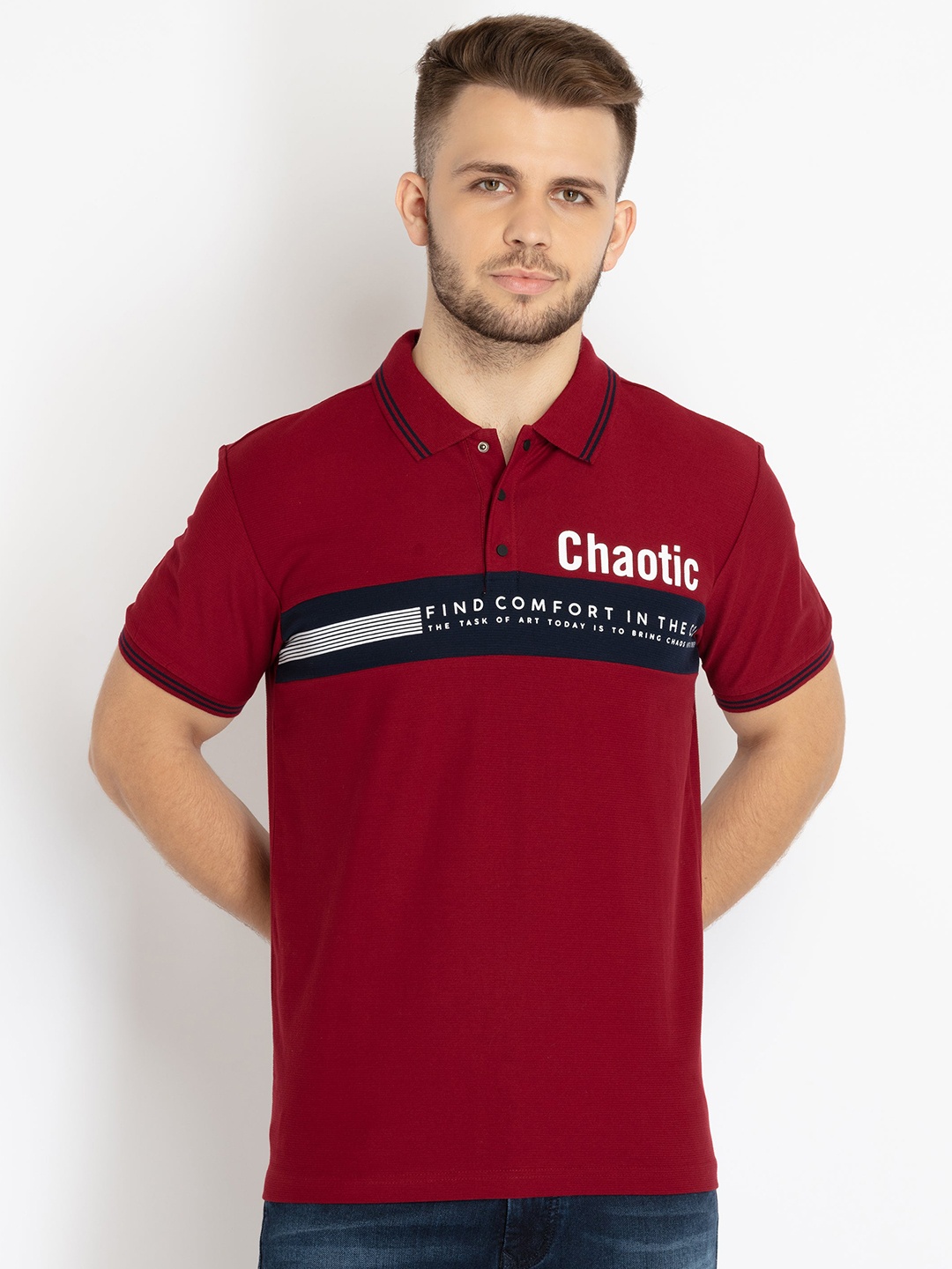 

Status Quo Men Typography Printed Polo Collar Cotton T-shirt, Maroon